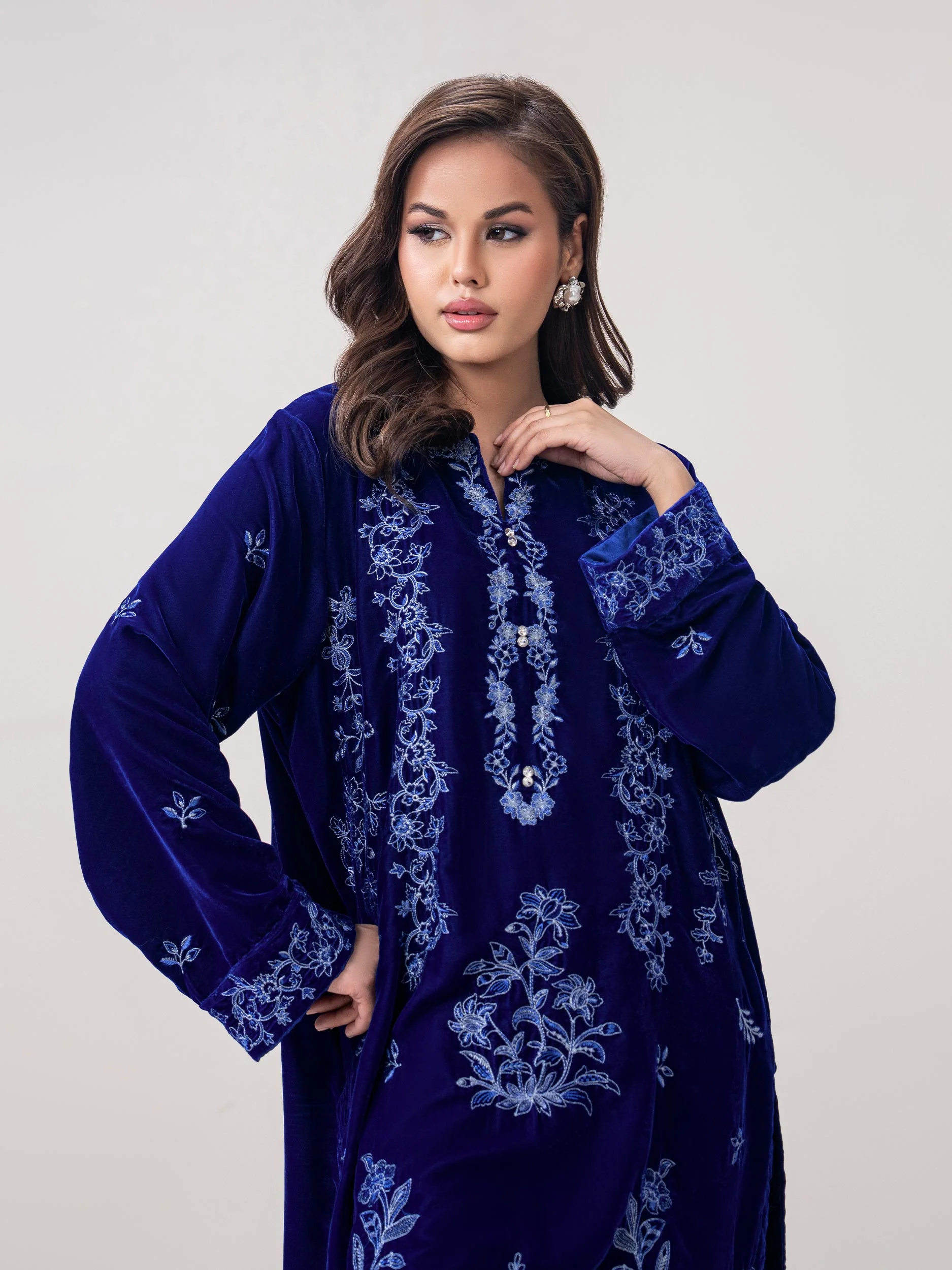 2-Piece Velvet Suit- Embroidered (Pret) - Image 4