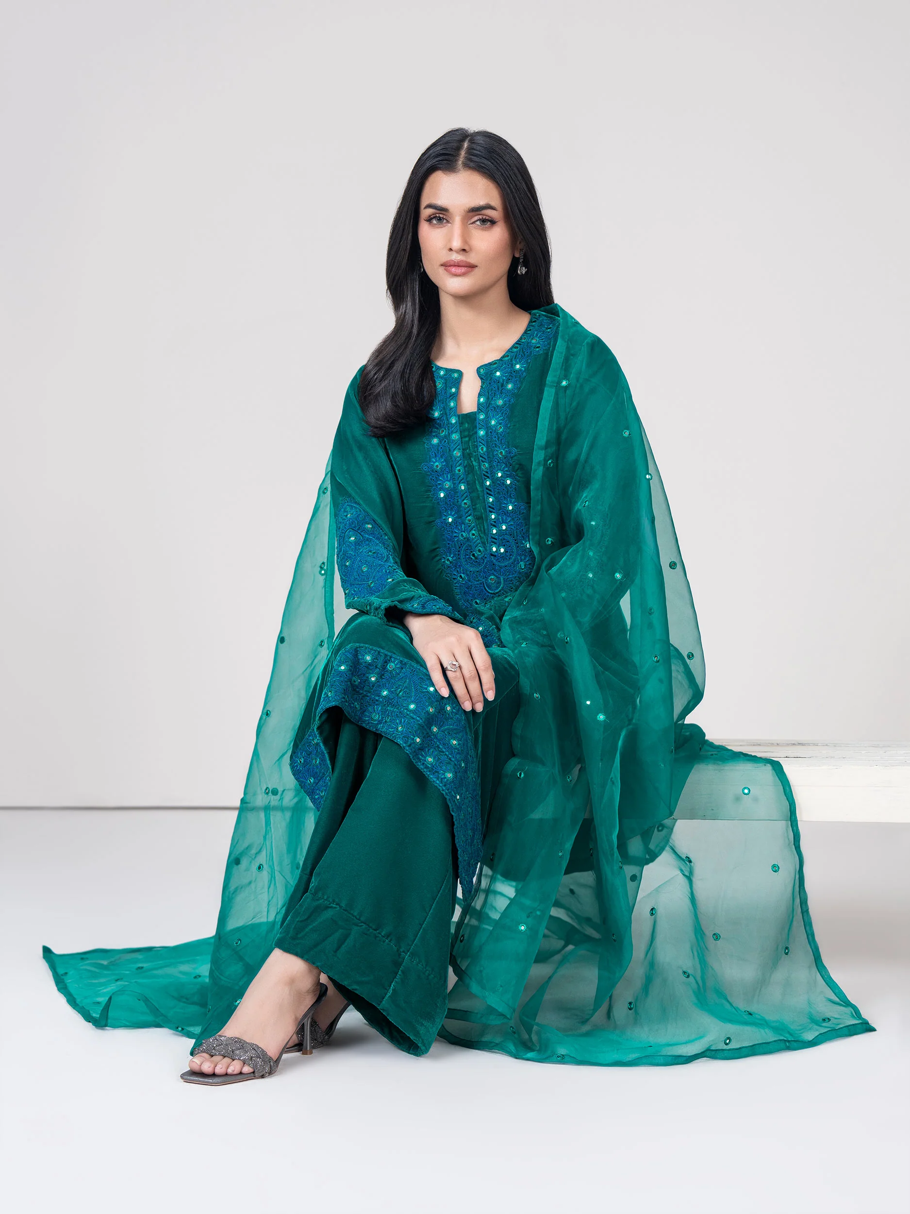 3 Piece Velvet Suit- Embroidered (Pret) - Image 5