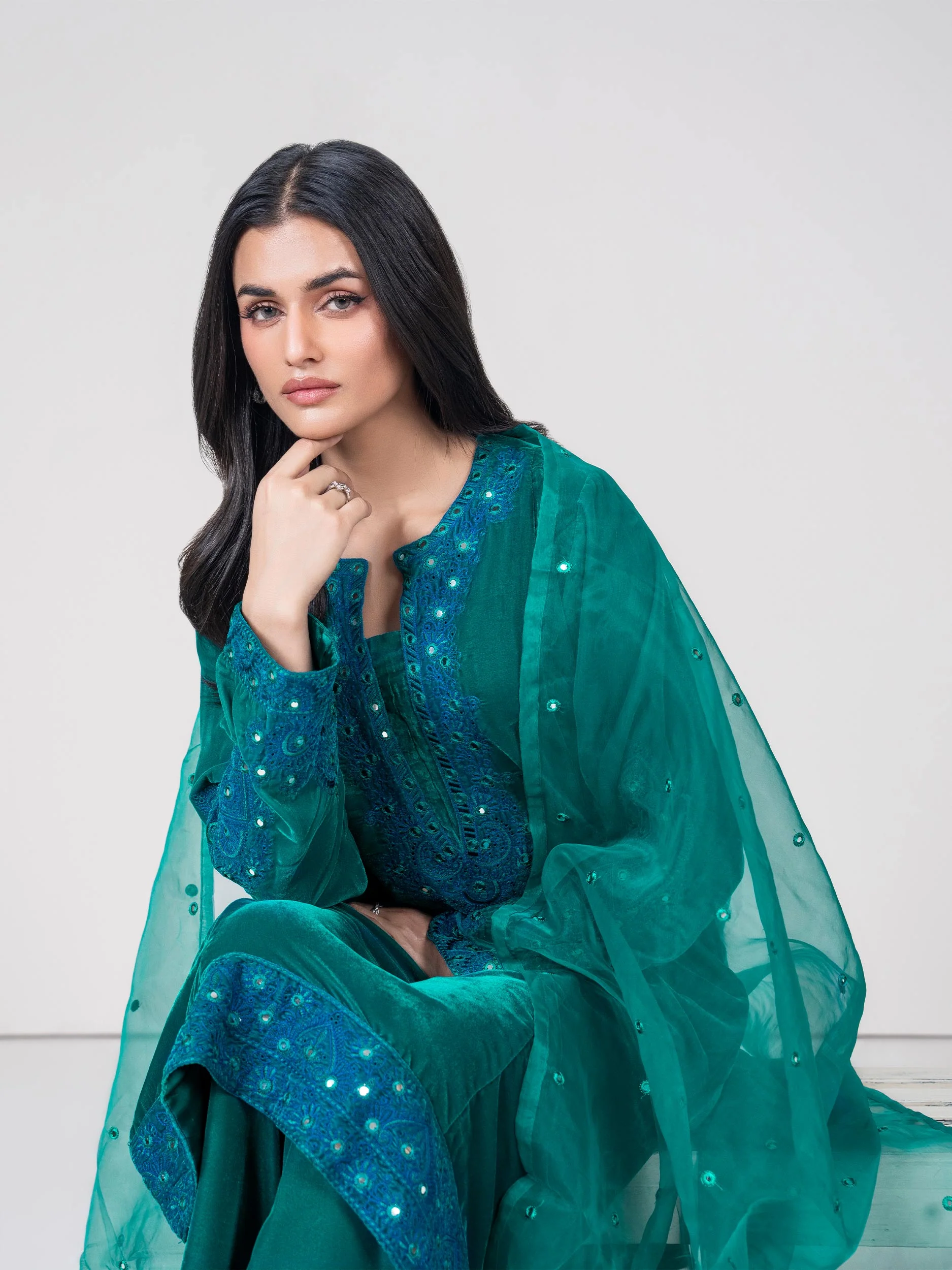 3 Piece Velvet Suit- Embroidered (Pret) - Image 6