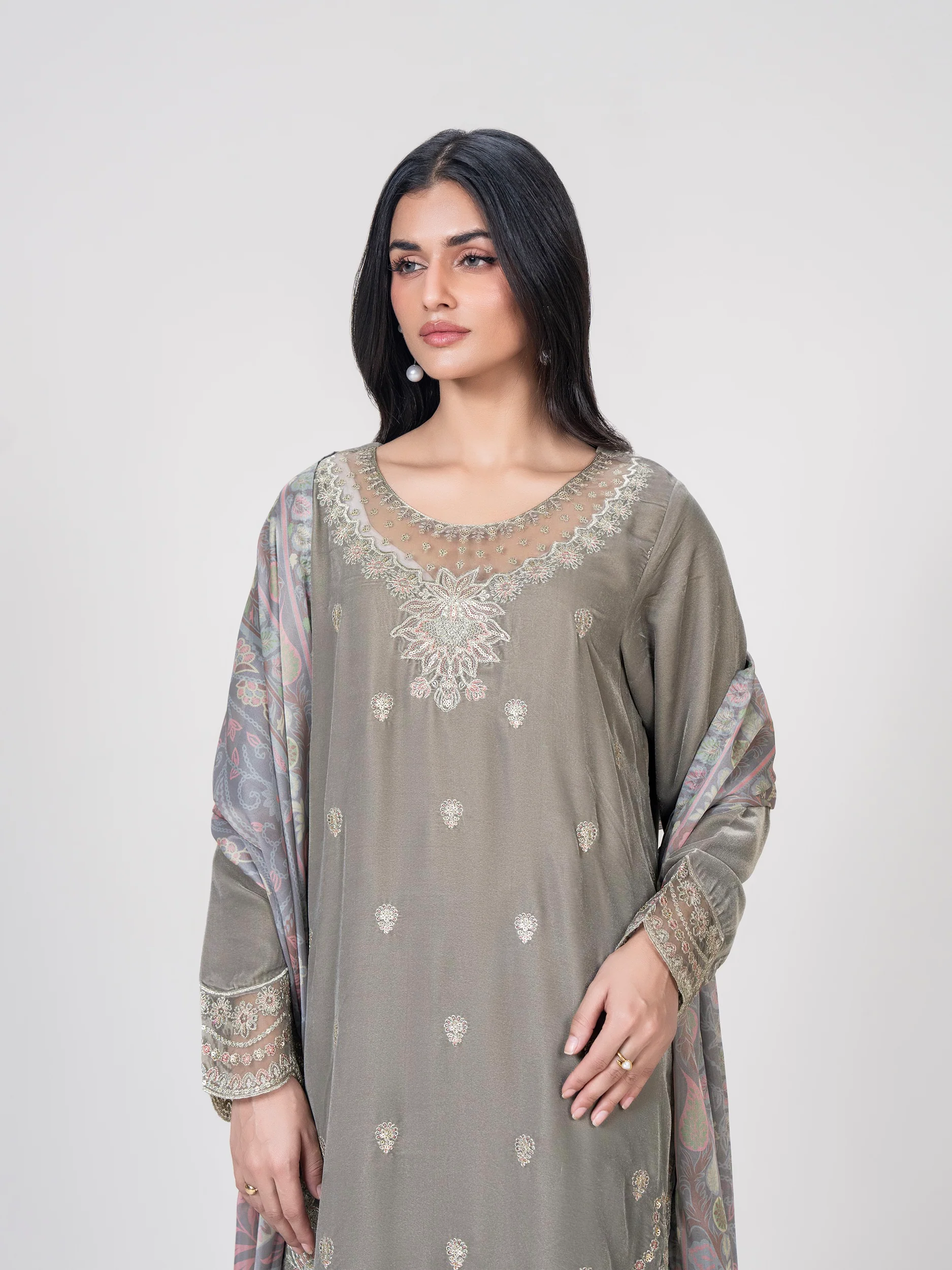 3 Piece Velvet Suit- Embroidered (Pret) - Image 2