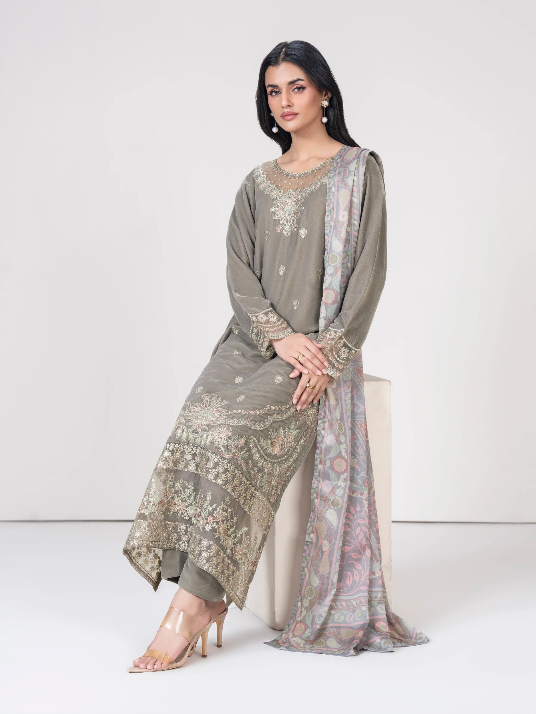 3 Piece Velvet Suit- Embroidered (Pret) - Image 5