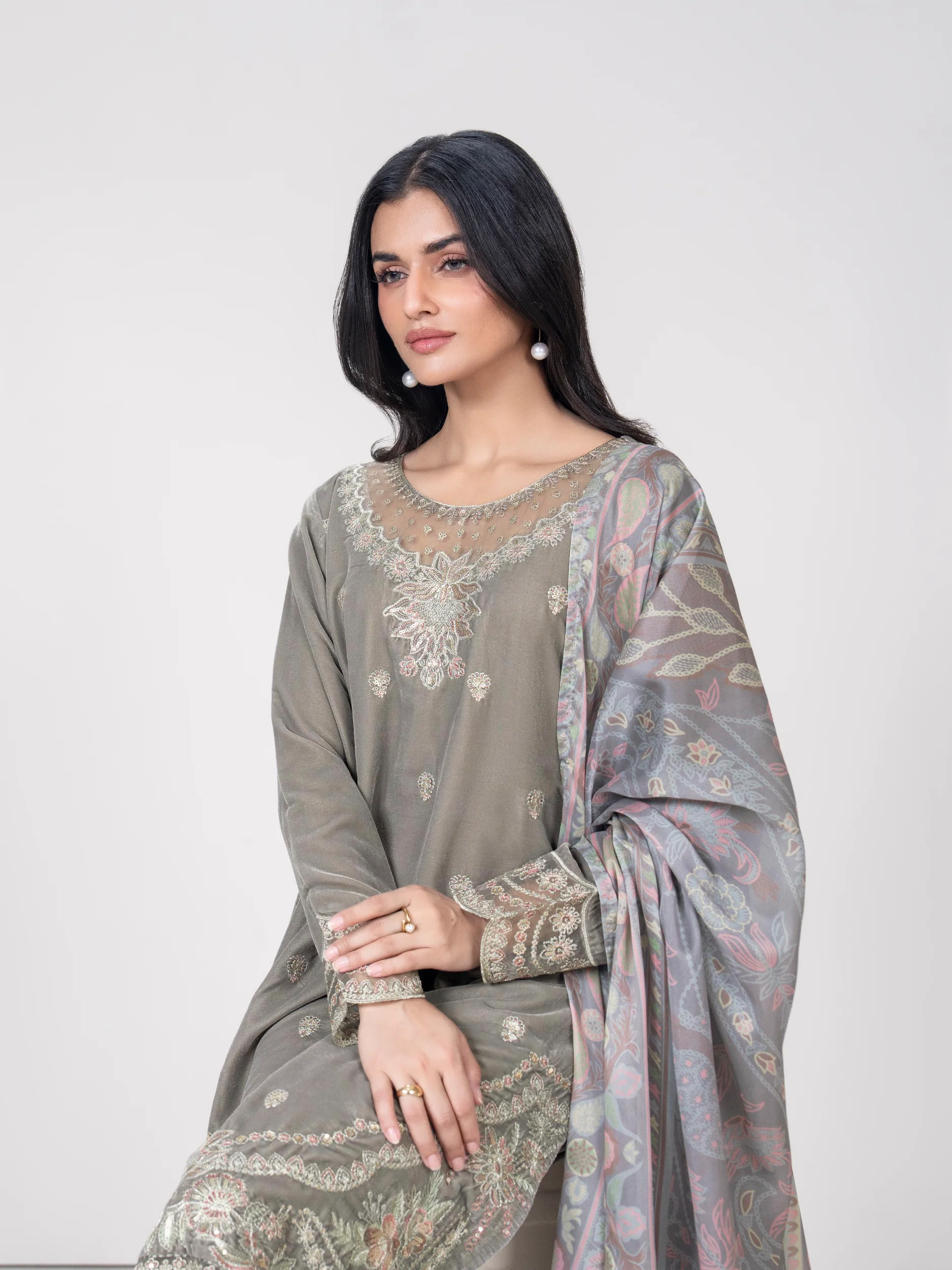 3 Piece Velvet Suit- Embroidered (Pret) - Image 6