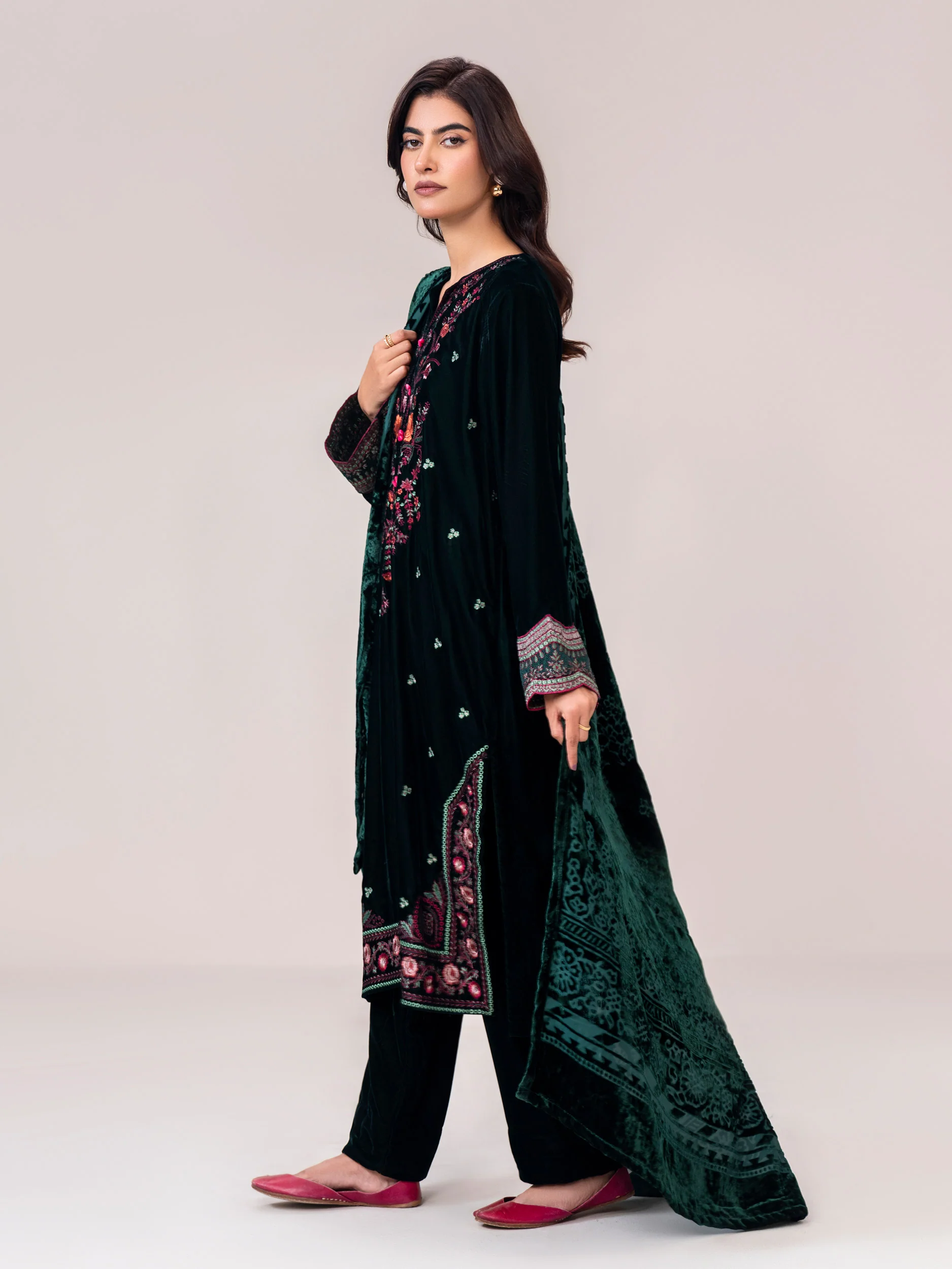3 Piece Velvet Suit- Embroidered (Pret) - Image 2
