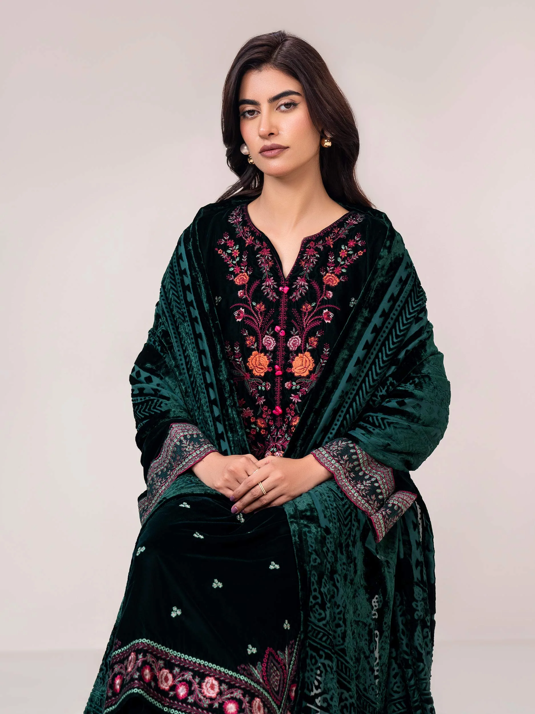 3 Piece Velvet Suit- Embroidered (Pret) - Image 4