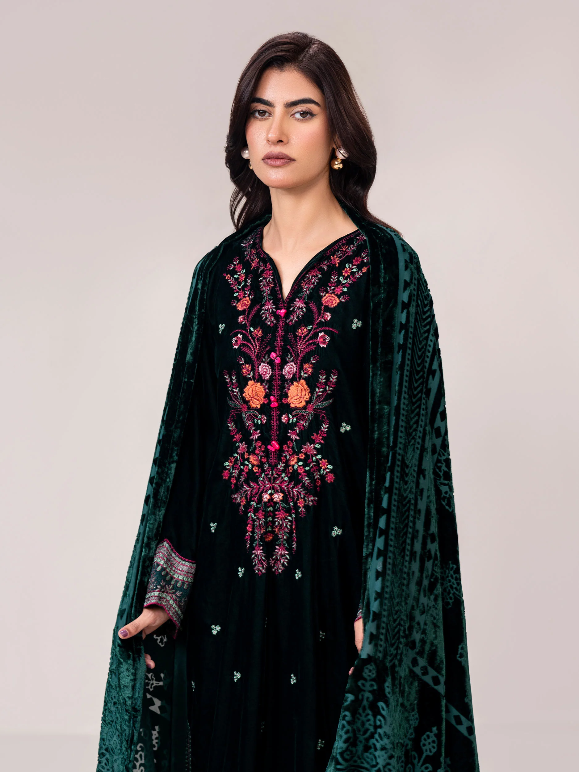 3 Piece Velvet Suit- Embroidered (Pret) - Image 5