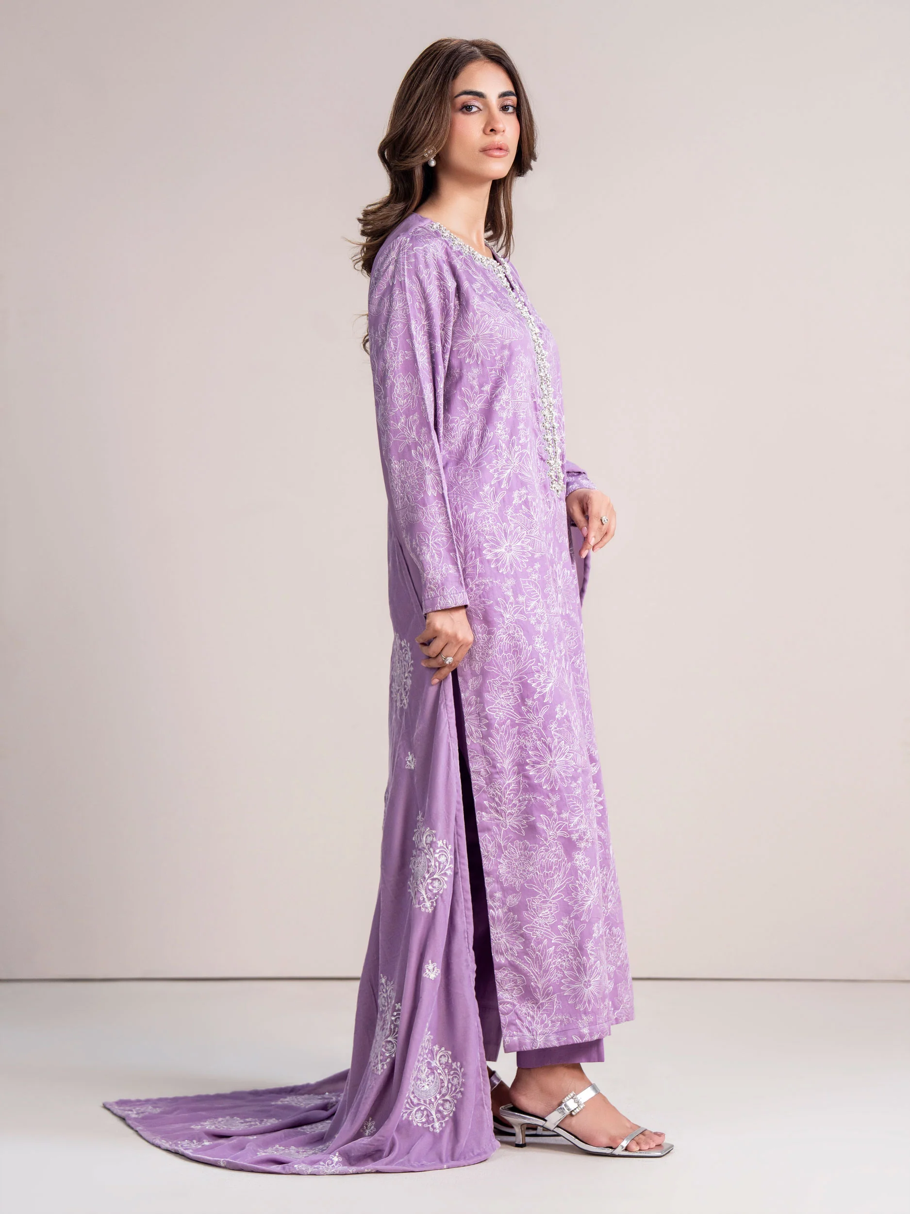 3 Piece Satin Suit- Embroidered (Pret) - Image 2