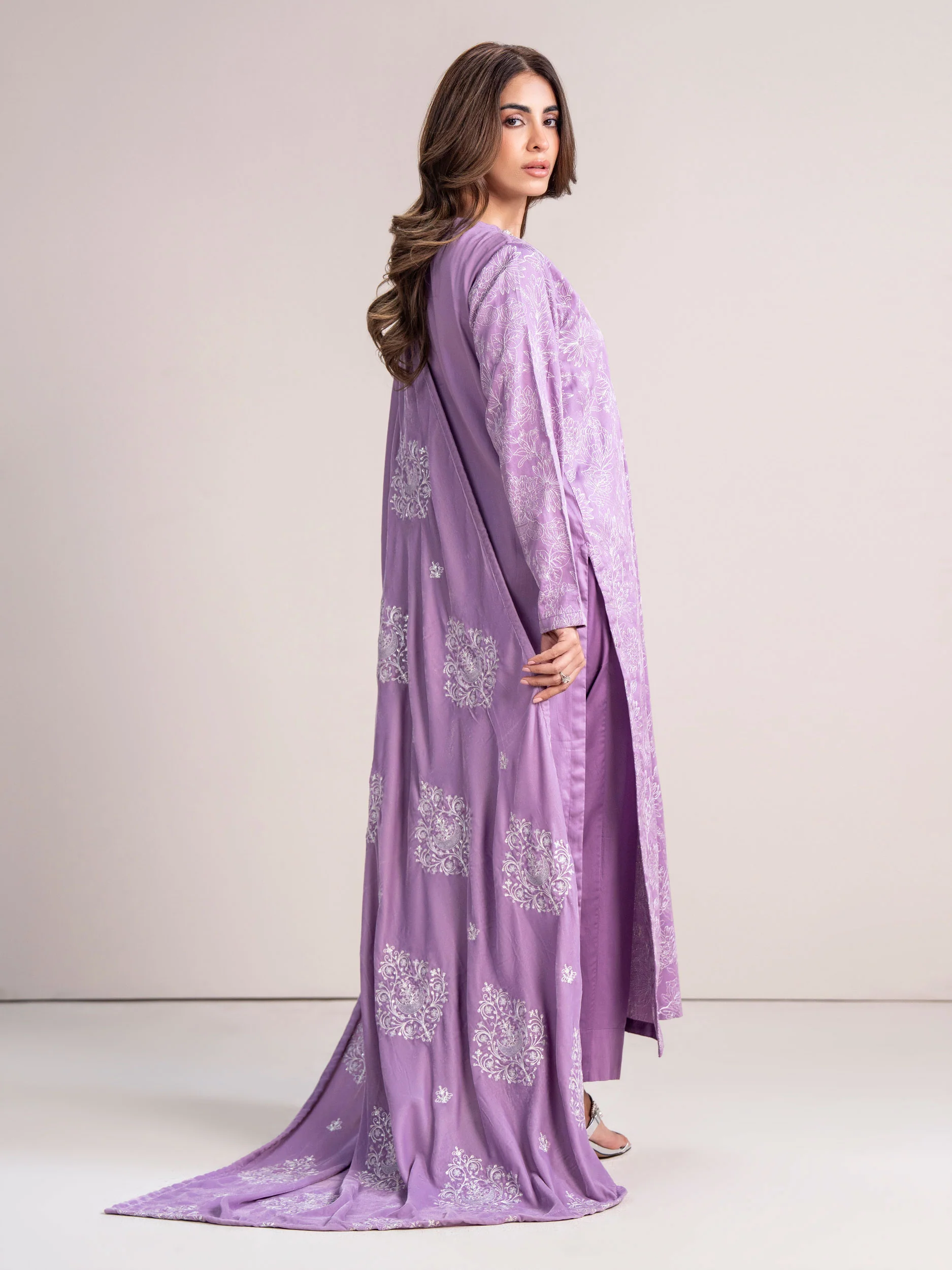 3 Piece Satin Suit- Embroidered (Pret) - Image 3