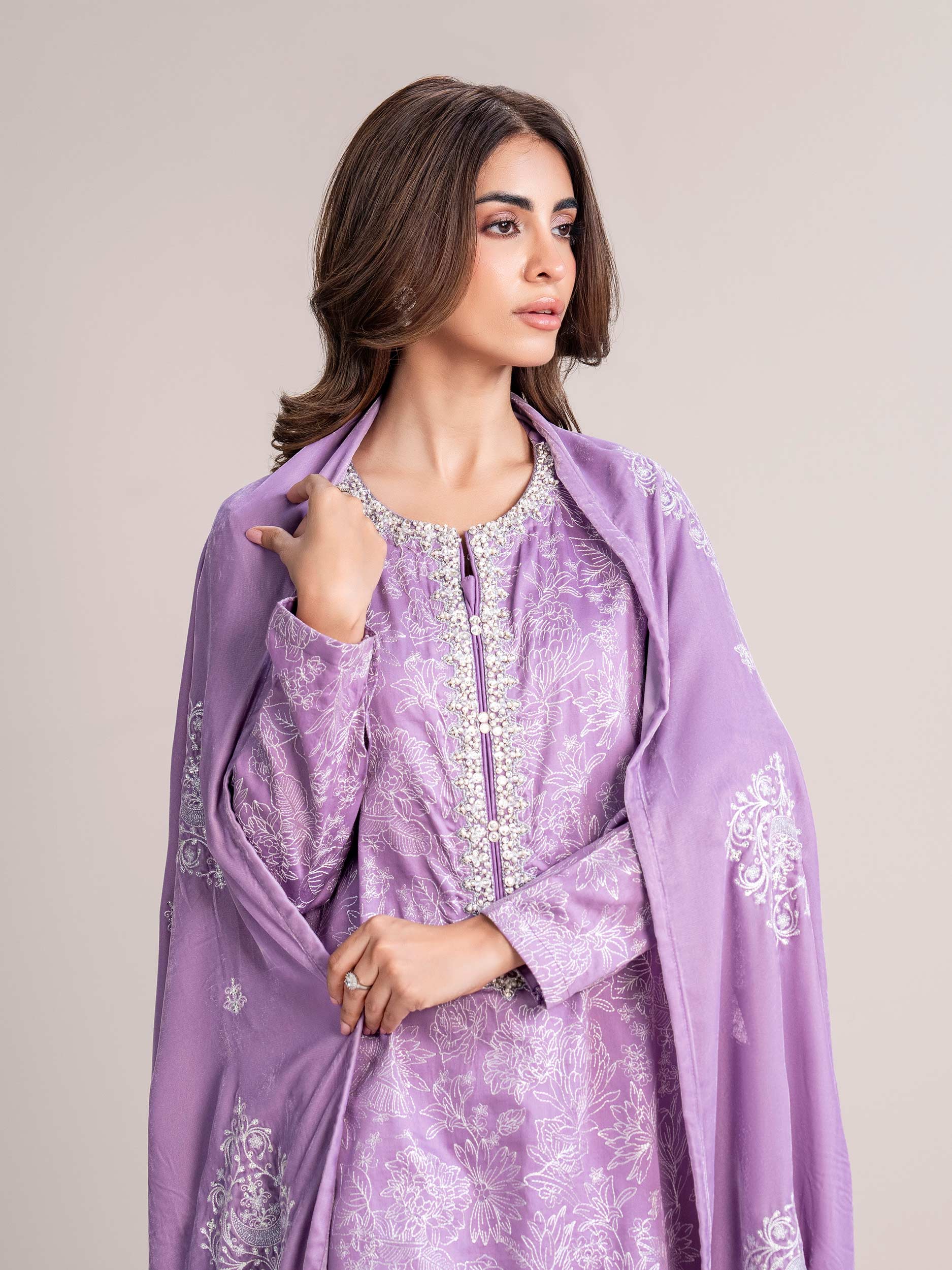 3 Piece Satin Suit- Embroidered (Pret) - Image 4