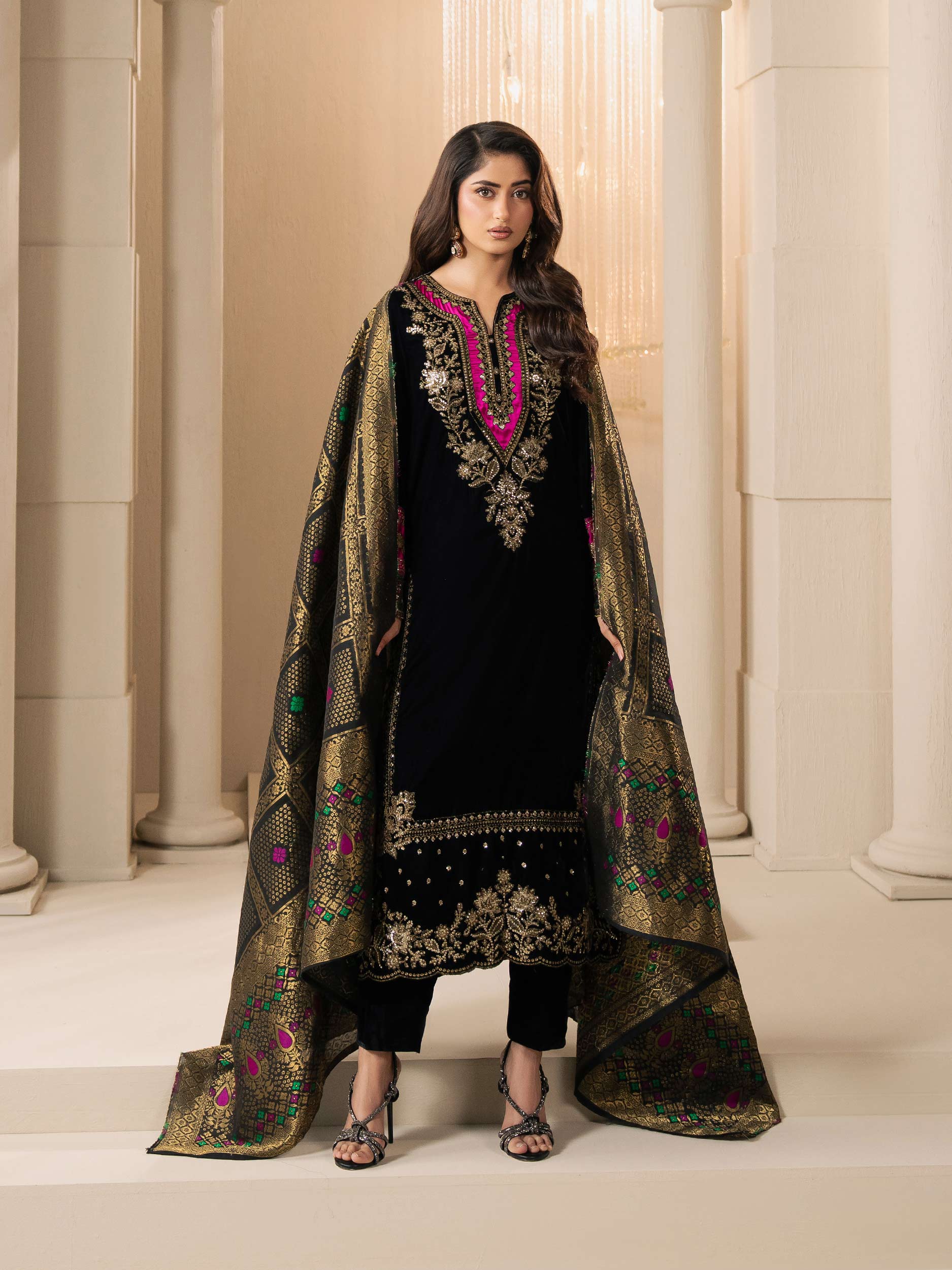 3 Piece Velvet Suit-Embroidered (Pret) - Image 2