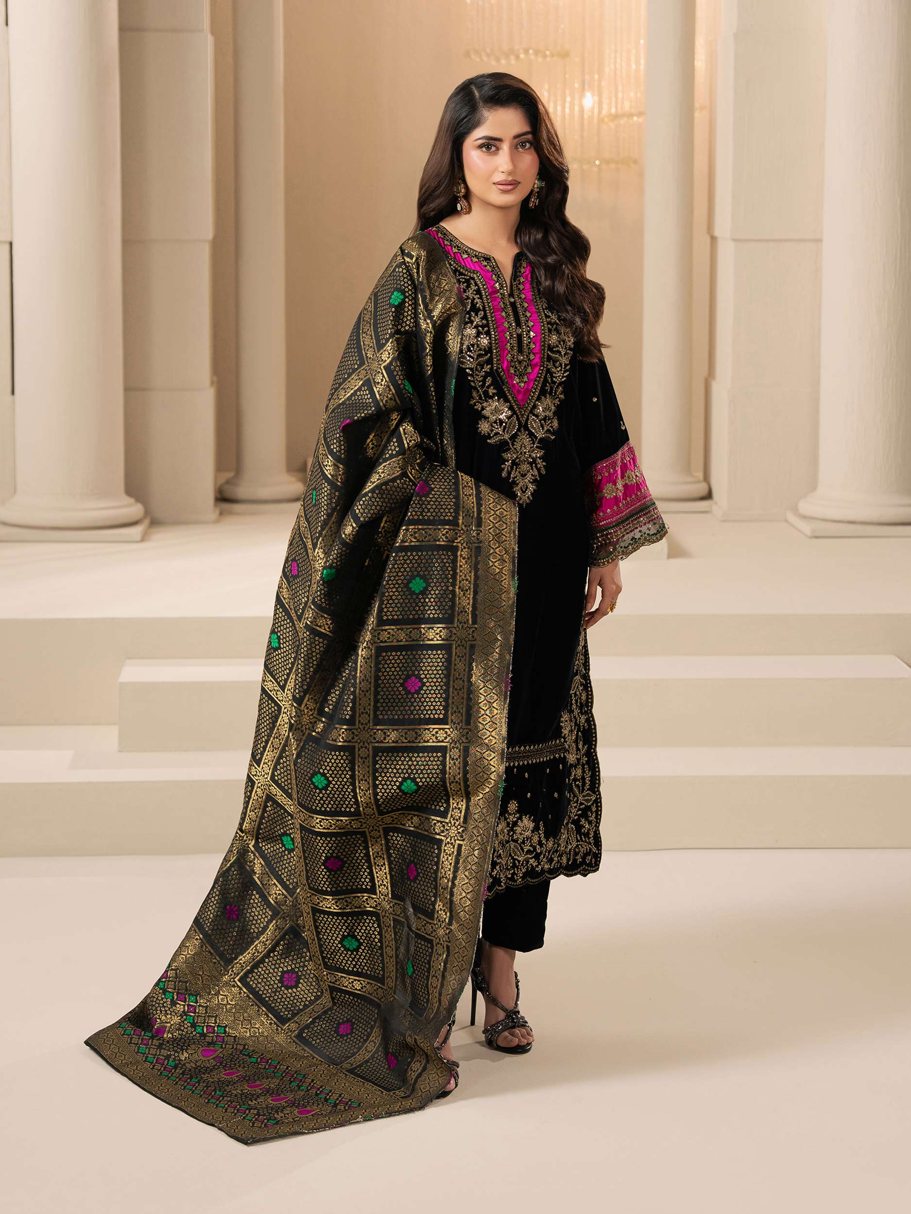 3 Piece Velvet Suit-Embroidered (Pret) - Image 6