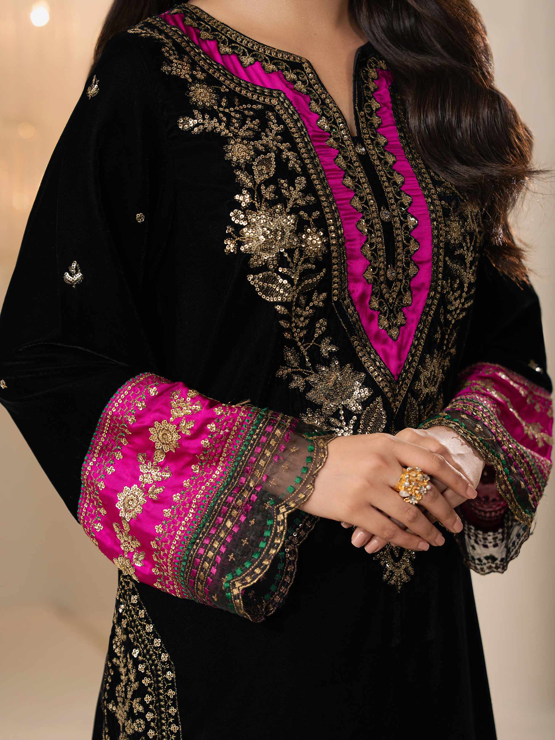 3 Piece Velvet Suit-Embroidered (Pret) - Image 9