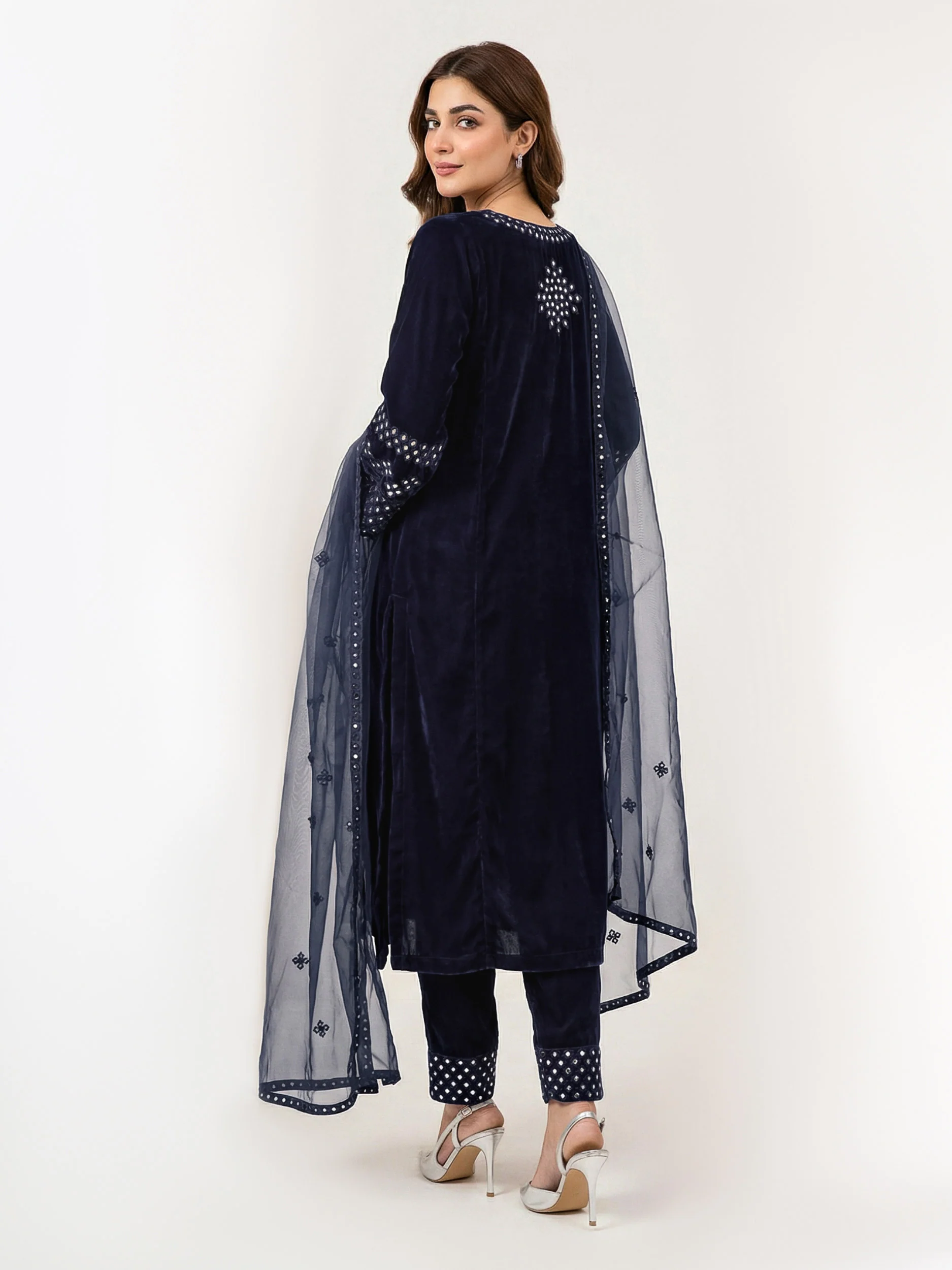 3 Piece Velvet Suit- Embroidered (Pret) - Image 2