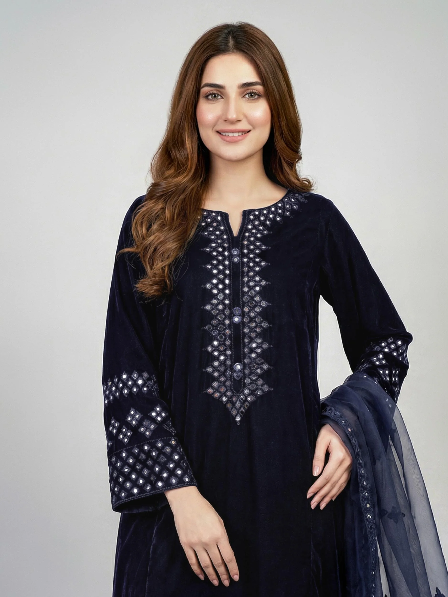 3 Piece Velvet Suit- Embroidered (Pret) - Image 3