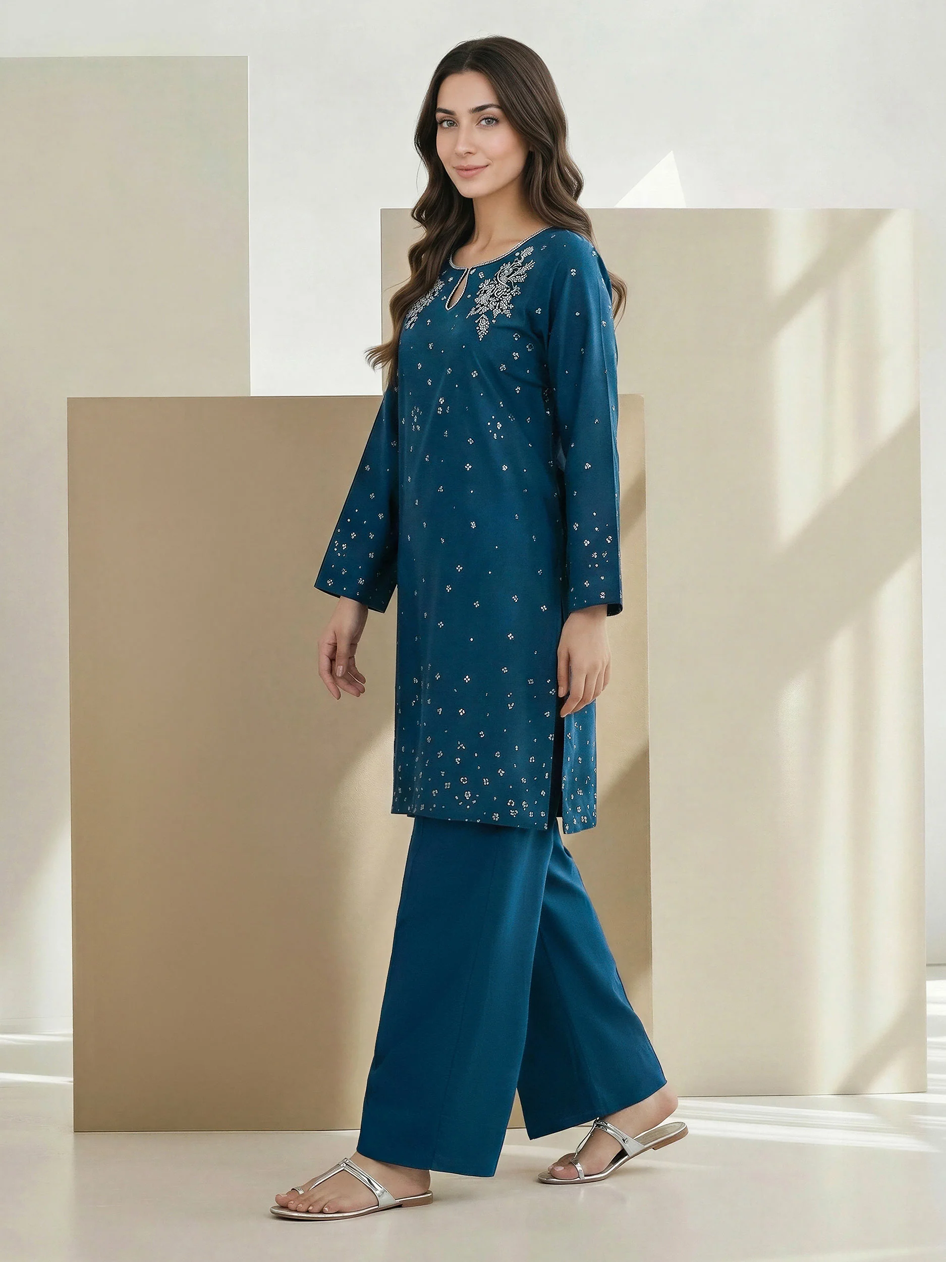 2 Piece Satin Suit- Embroirdered (Pret) - Image 2