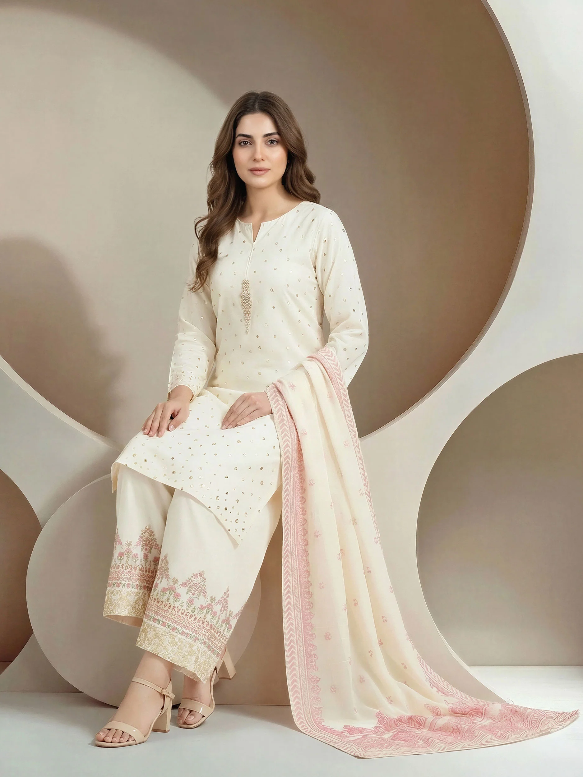 3 Piece Dobby Jacquard Suit- Embroidered (Pret) - Image 2