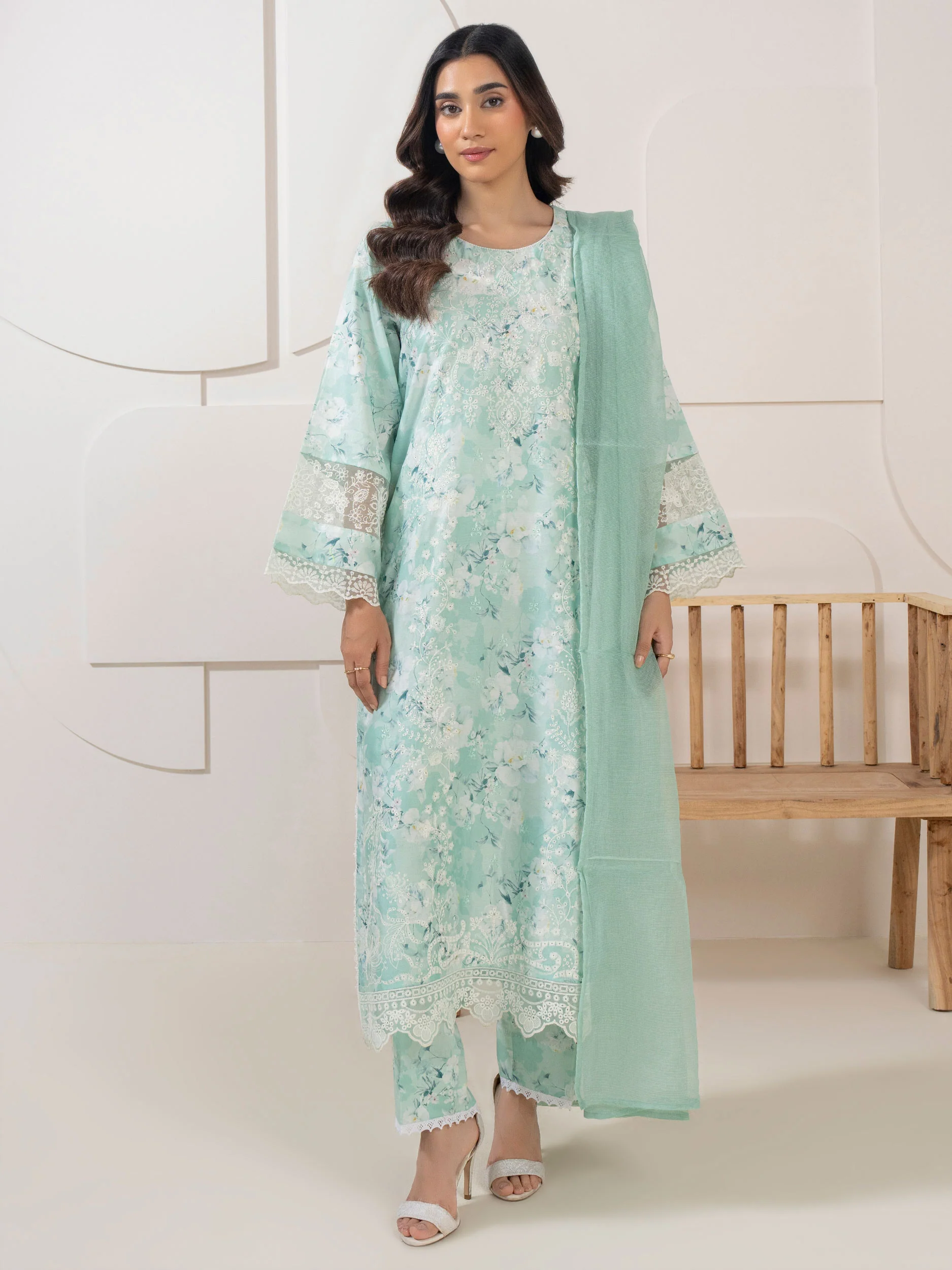 3 Piece Satin Suit-Embroidered (Pret) - Image 2