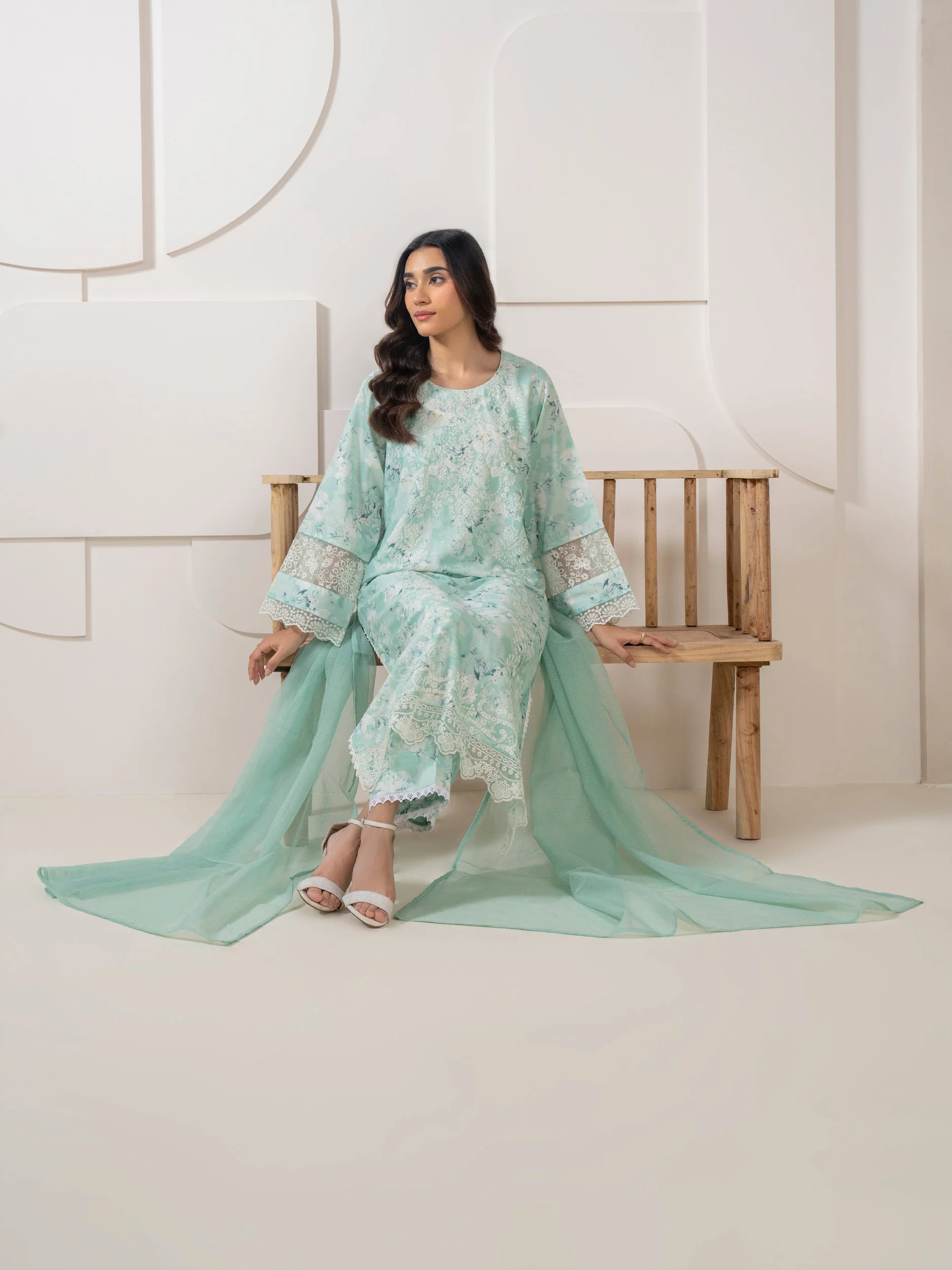 3 Piece Satin Suit-Embroidered (Pret) - Image 3