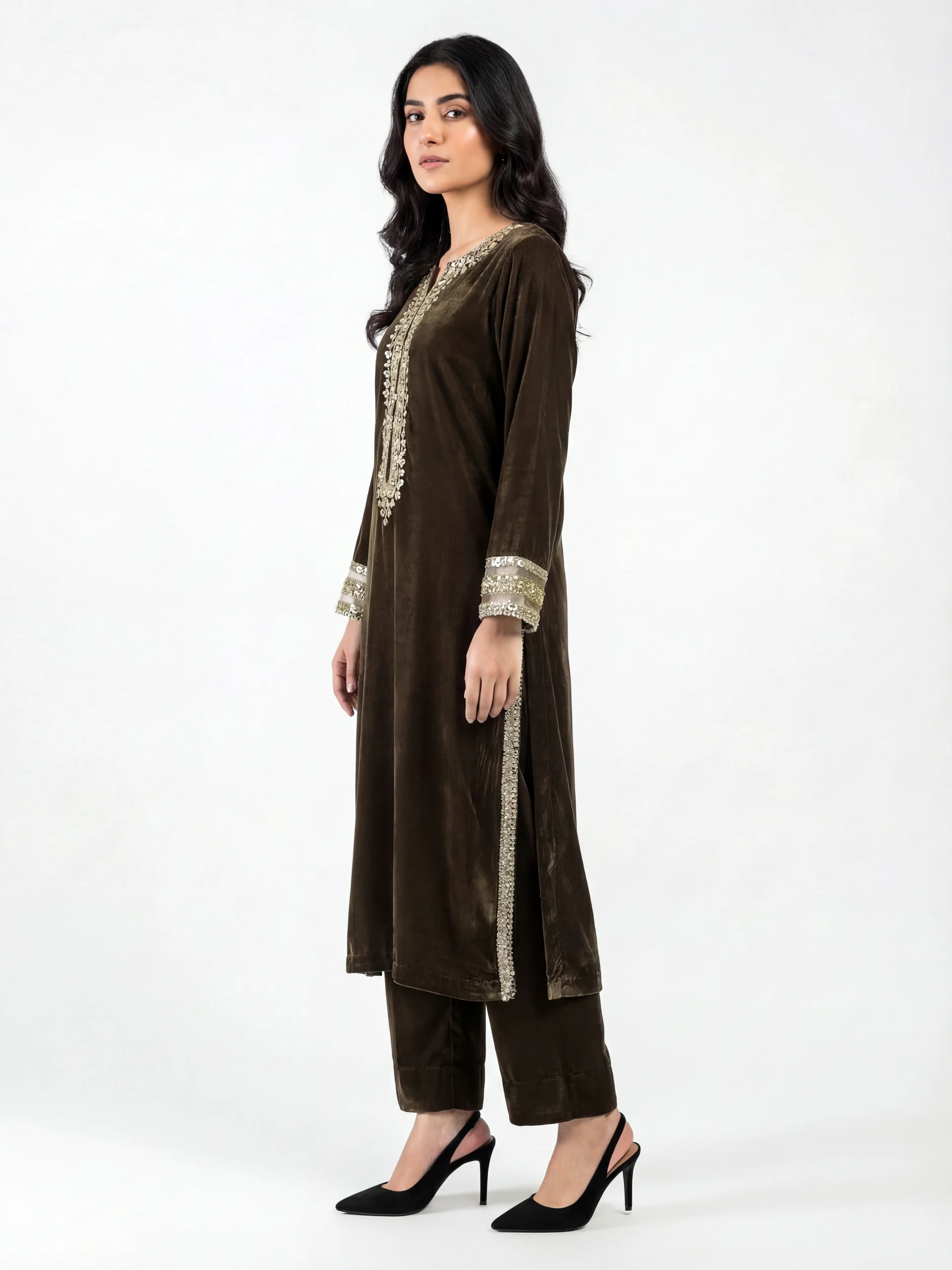 2 Piece Velvet Suit- Embroidered (Pret) - Image 2