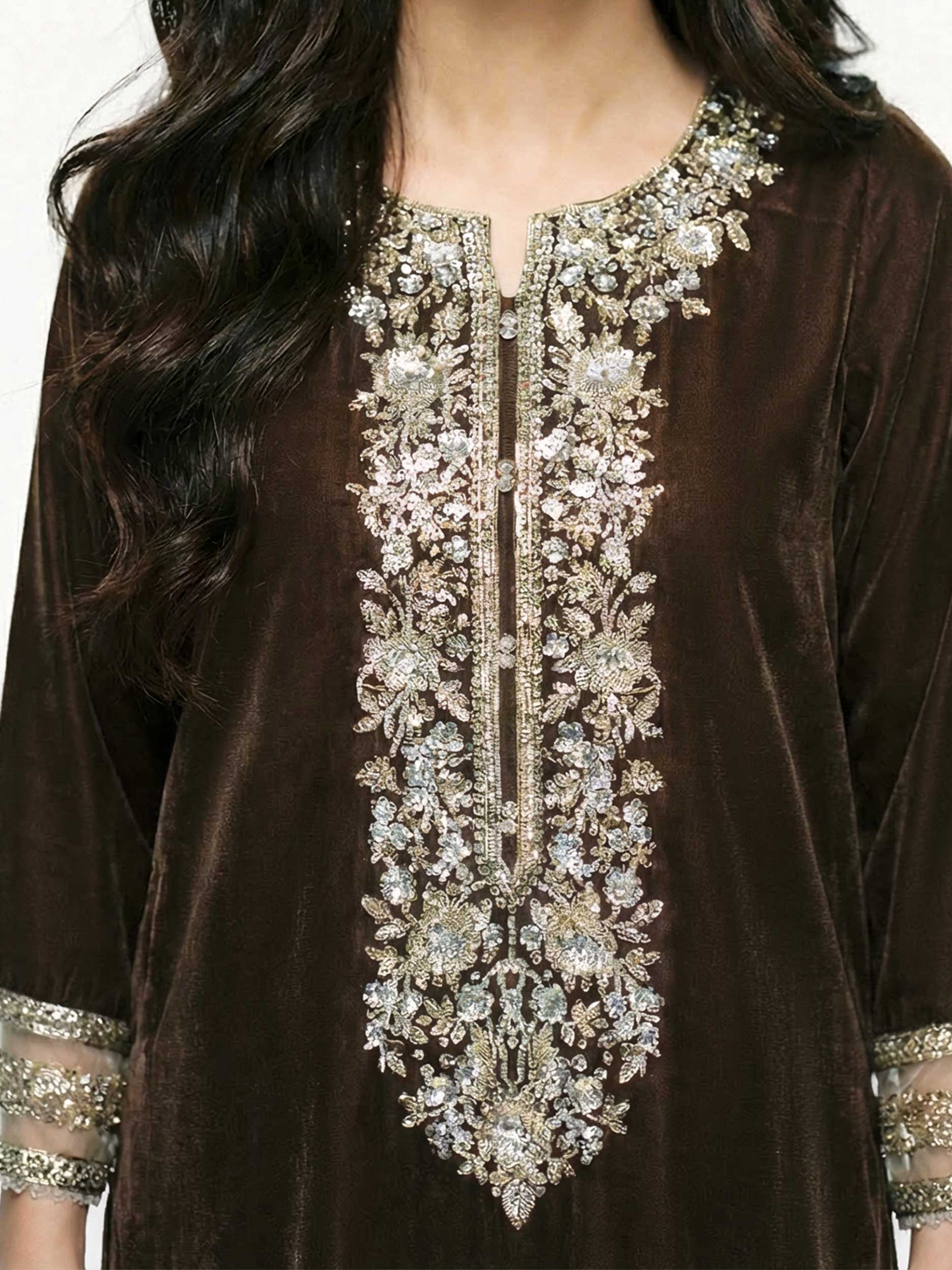 2 Piece Velvet Suit- Embroidered (Pret) - Image 4