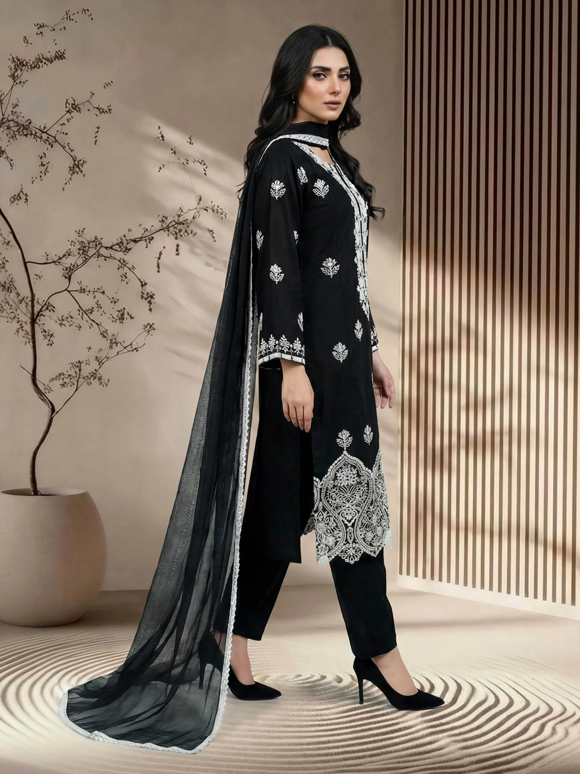 3 Piece Lawn Slub Suit- Embroidered (Pret) - Image 2