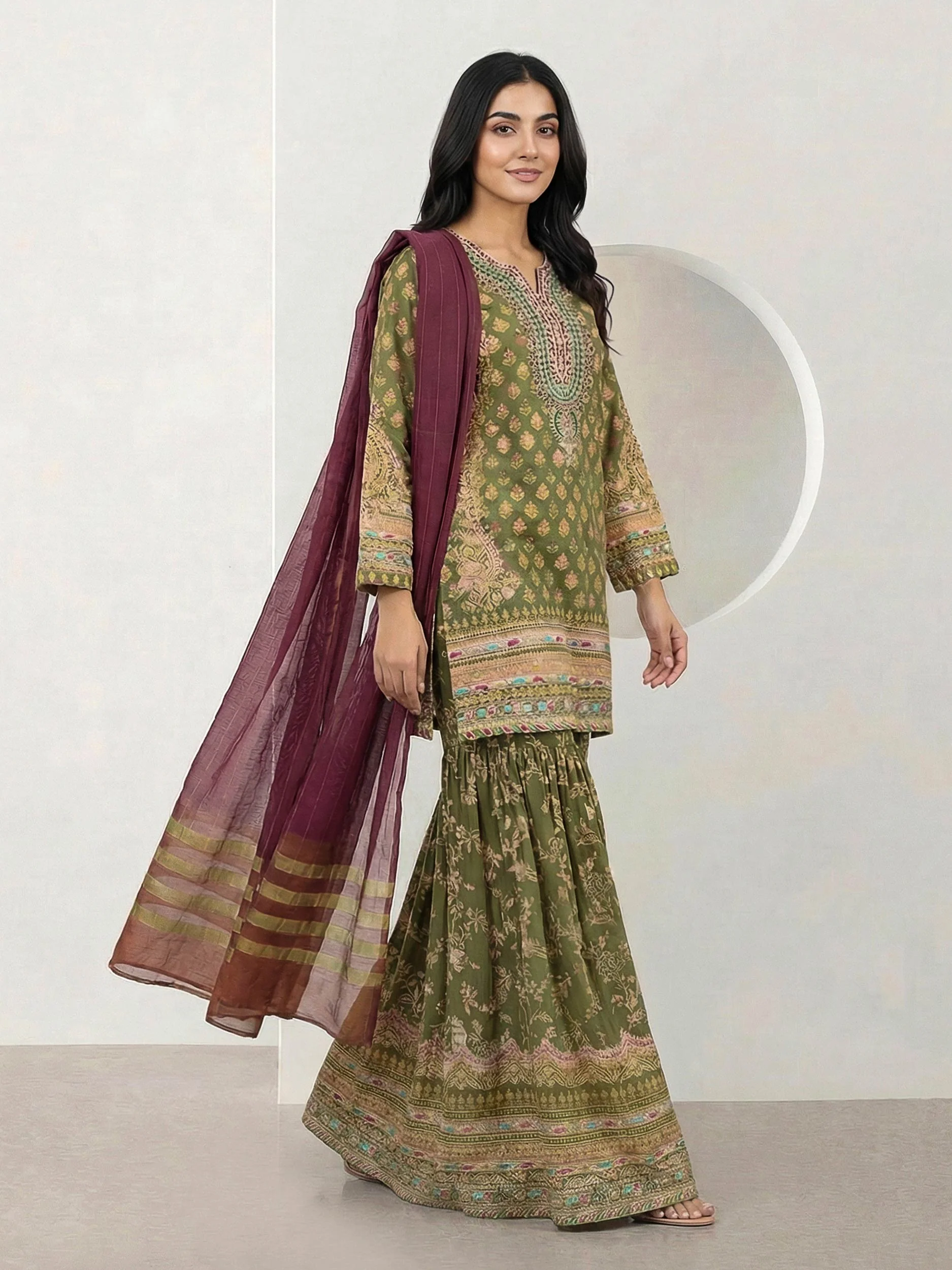 3 Piece Satin Suit- Embroidered (Pret) - Image 2