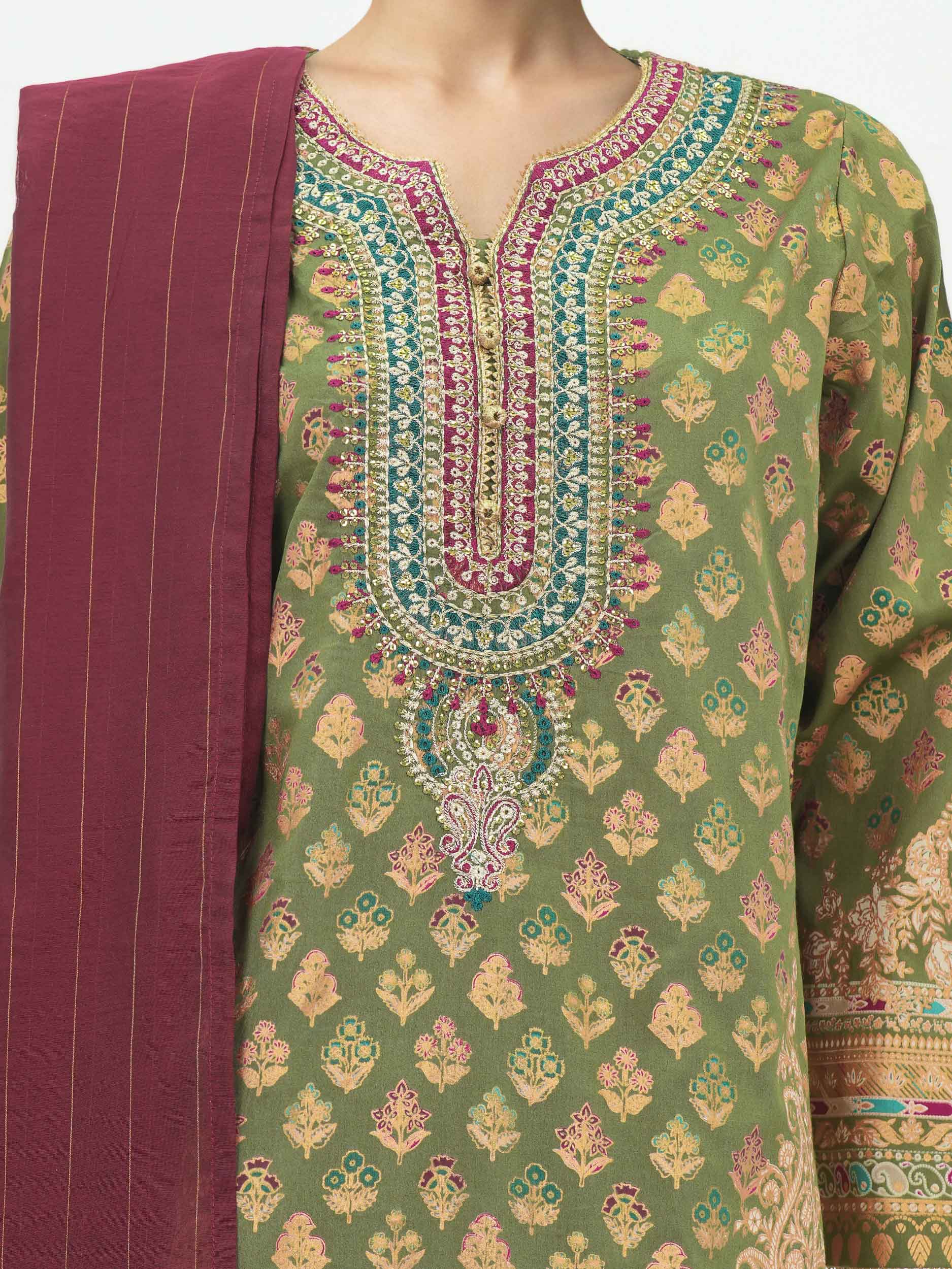 3 Piece Satin Suit- Embroidered (Pret) - Image 4