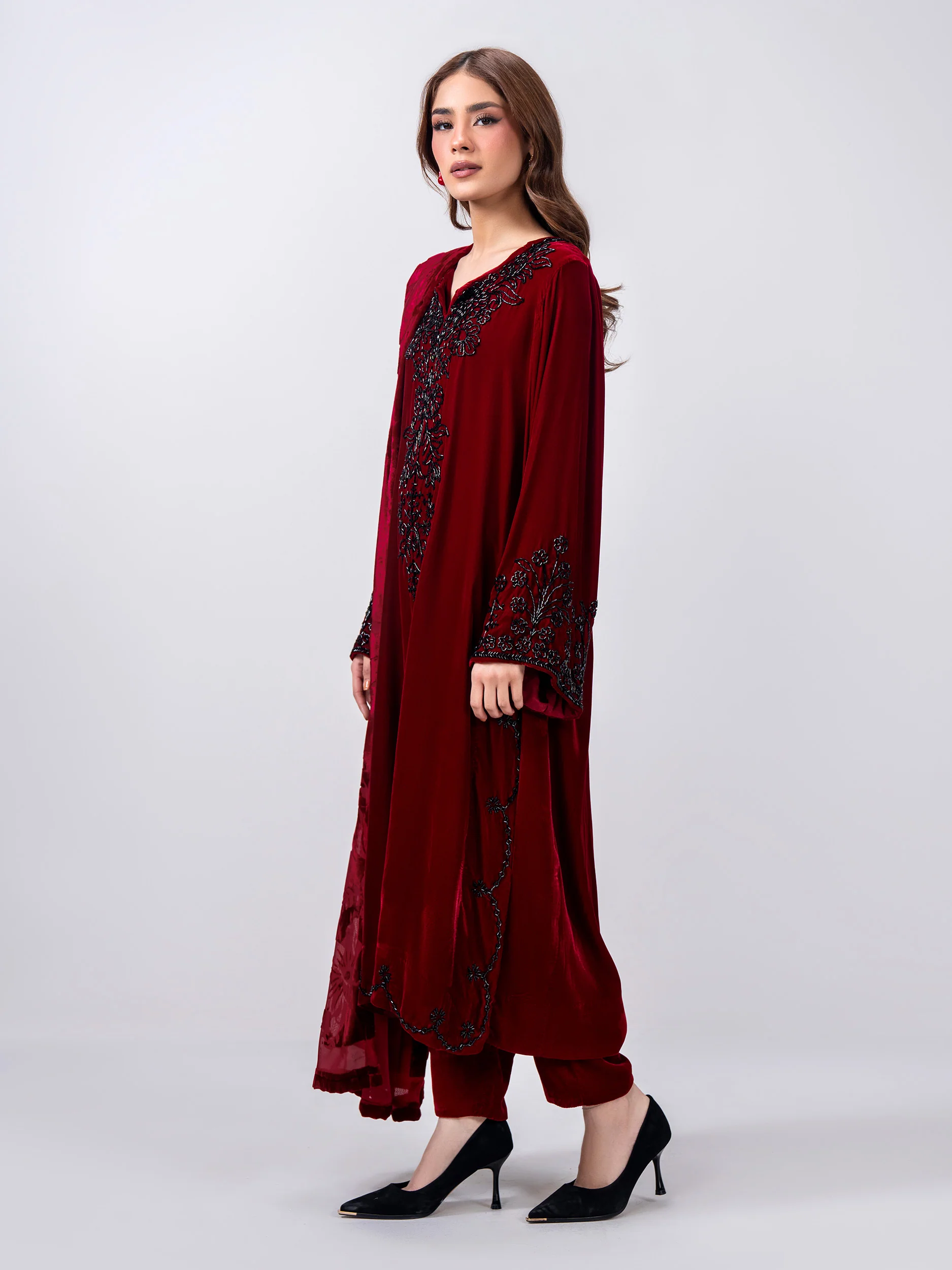 3 Piece Velvet Suit- Embroidered (Pret) - Image 2