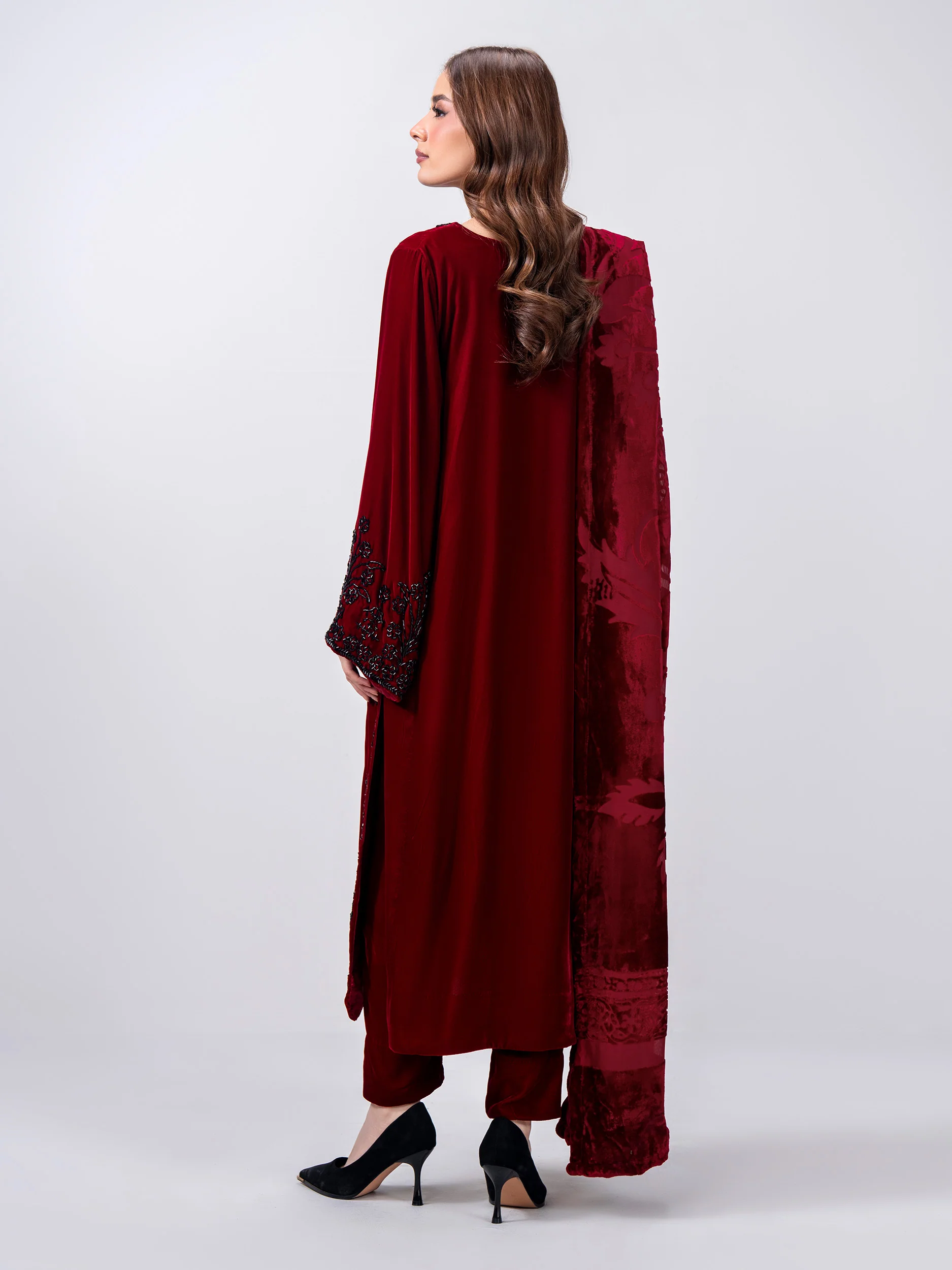 3 Piece Velvet Suit- Embroidered (Pret) - Image 3