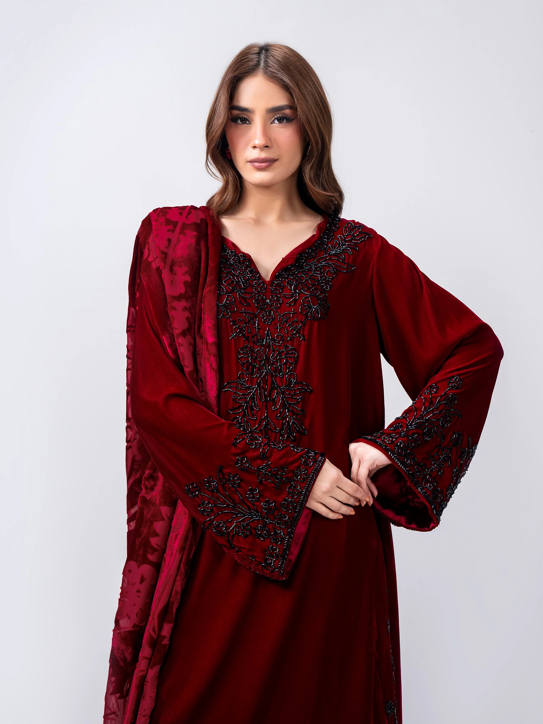3 Piece Velvet Suit- Embroidered (Pret) - Image 4