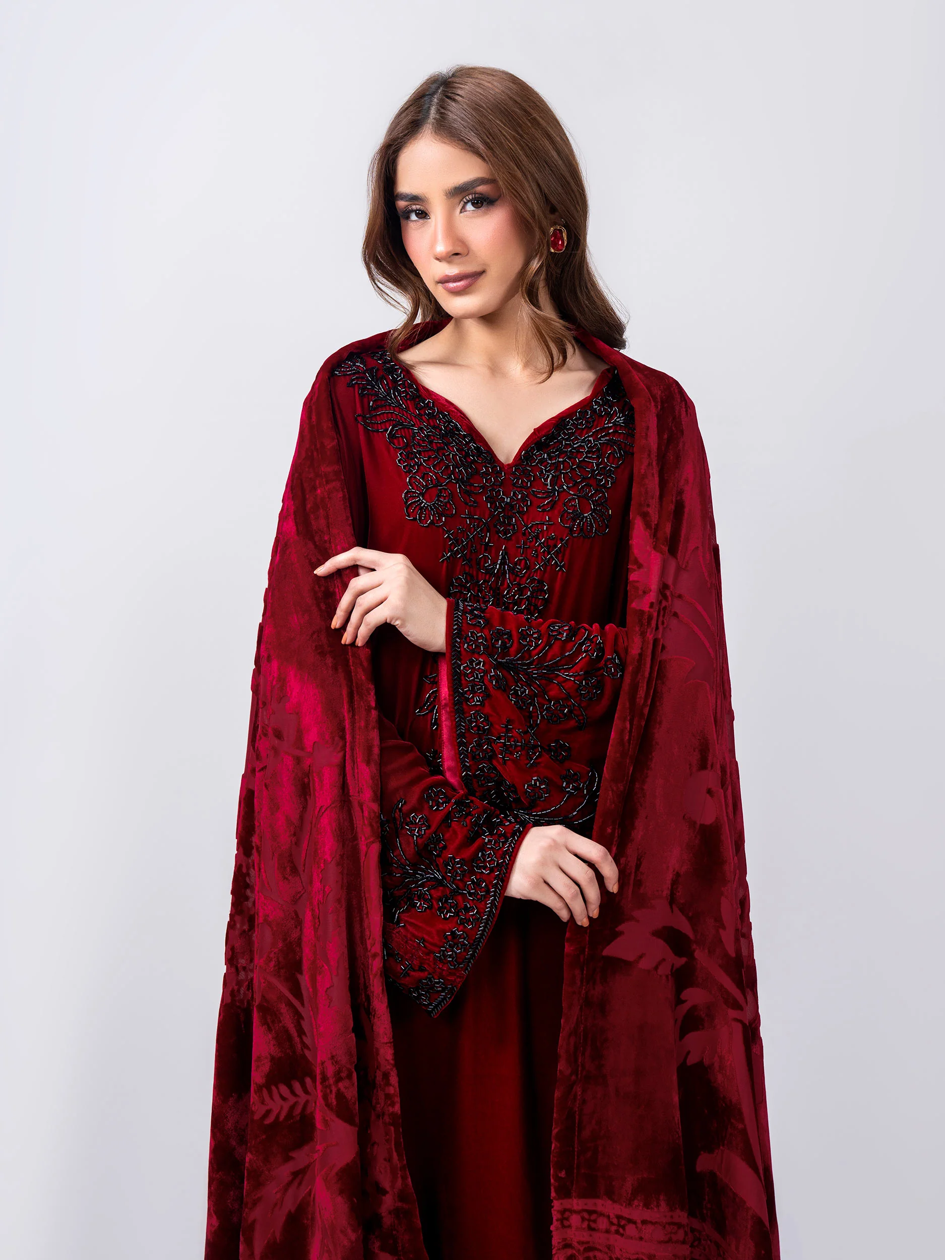 3 Piece Velvet Suit- Embroidered (Pret) - Image 5