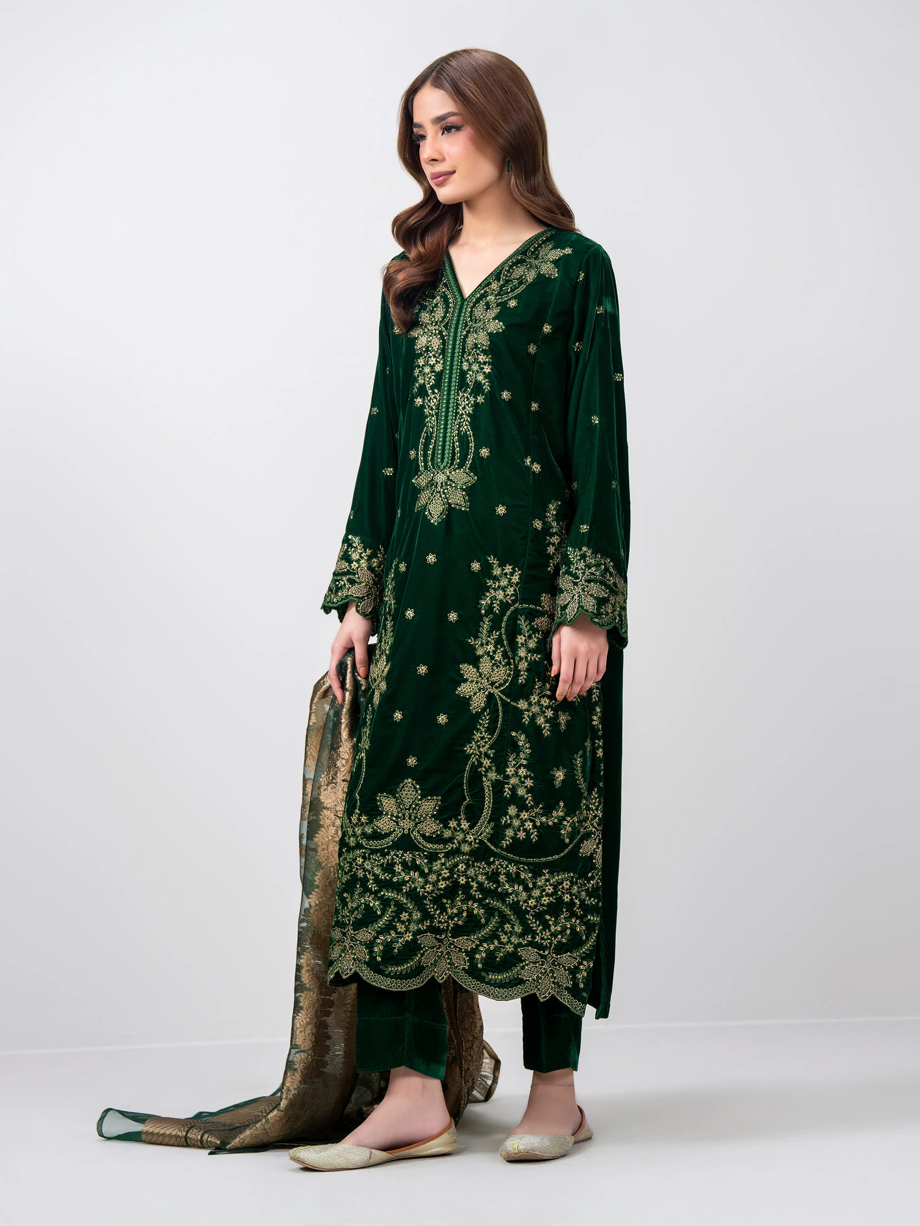 3 Piece Velvet Suit- Embroidered (Pret) - Image 2