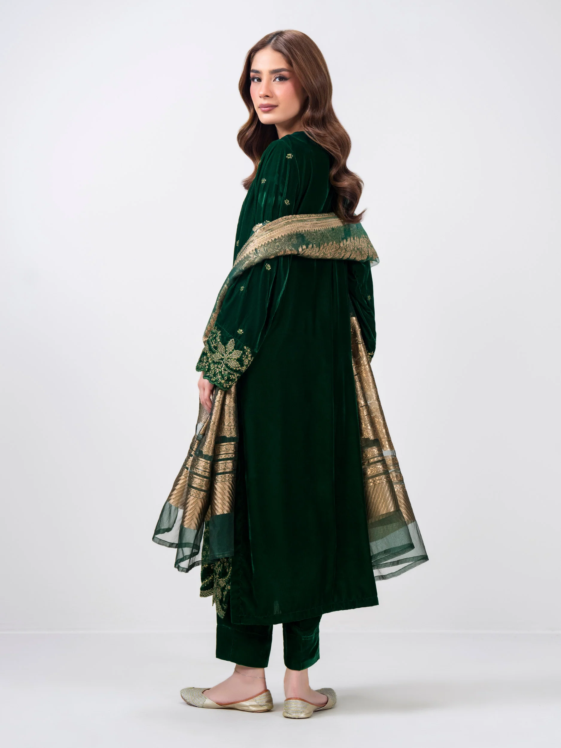 3 Piece Velvet Suit- Embroidered (Pret) - Image 3