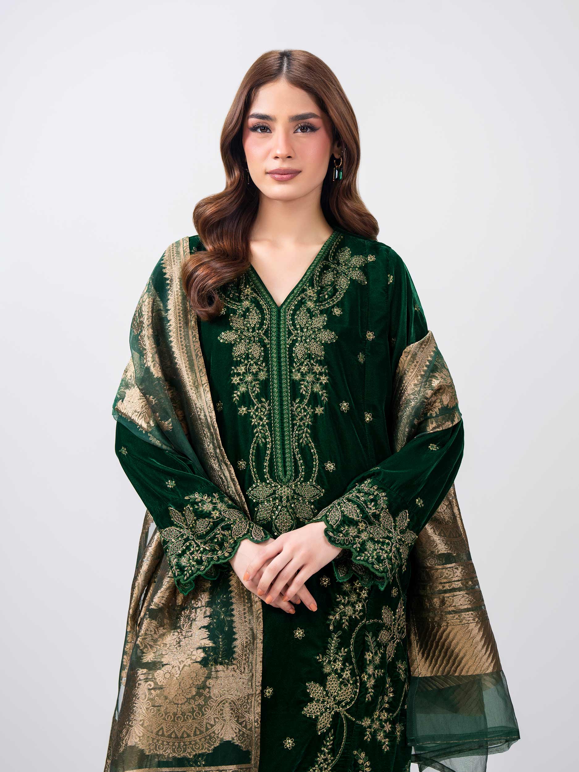 3 Piece Velvet Suit- Embroidered (Pret) - Image 4