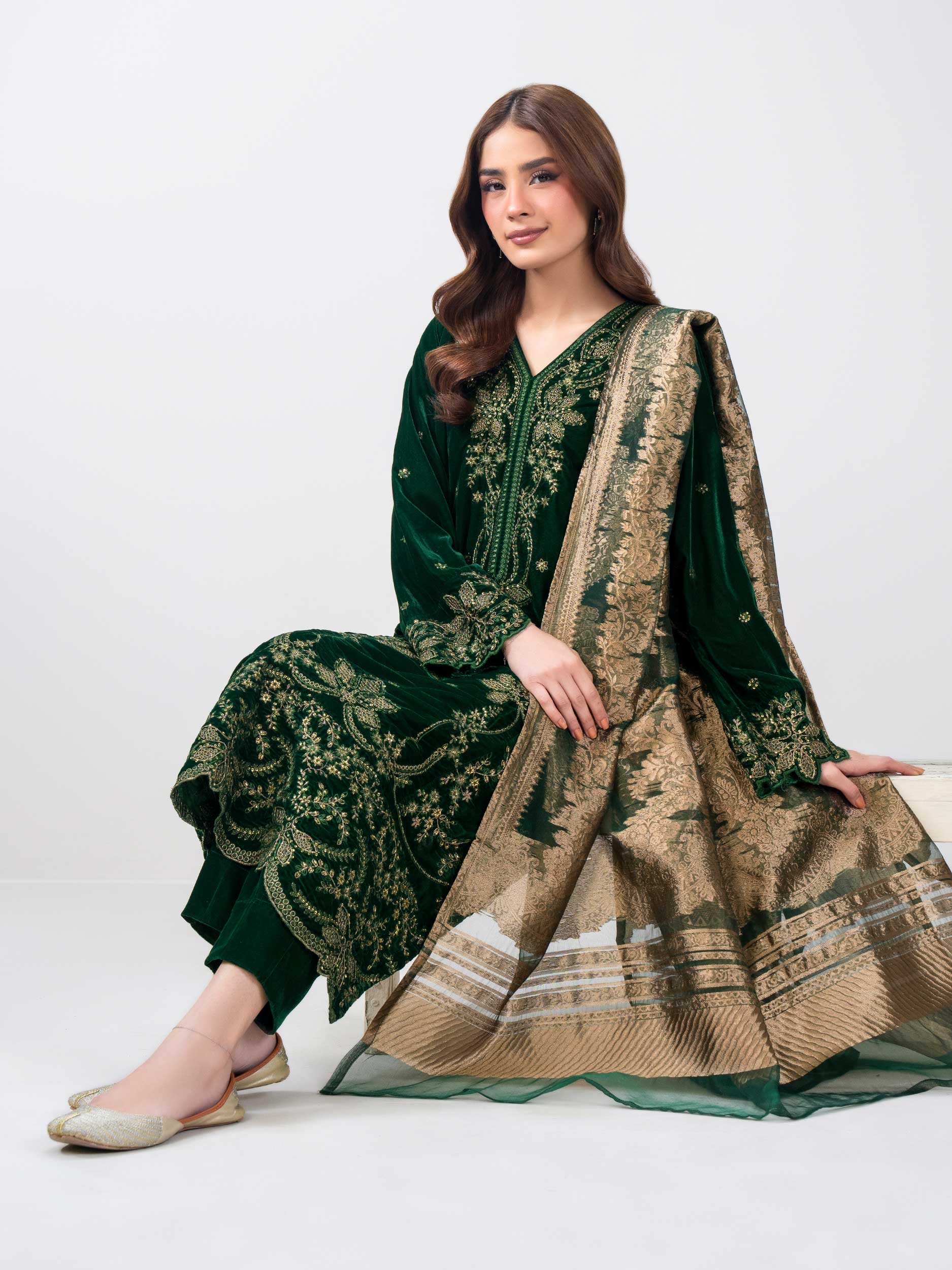 3 Piece Velvet Suit- Embroidered (Pret) - Image 5