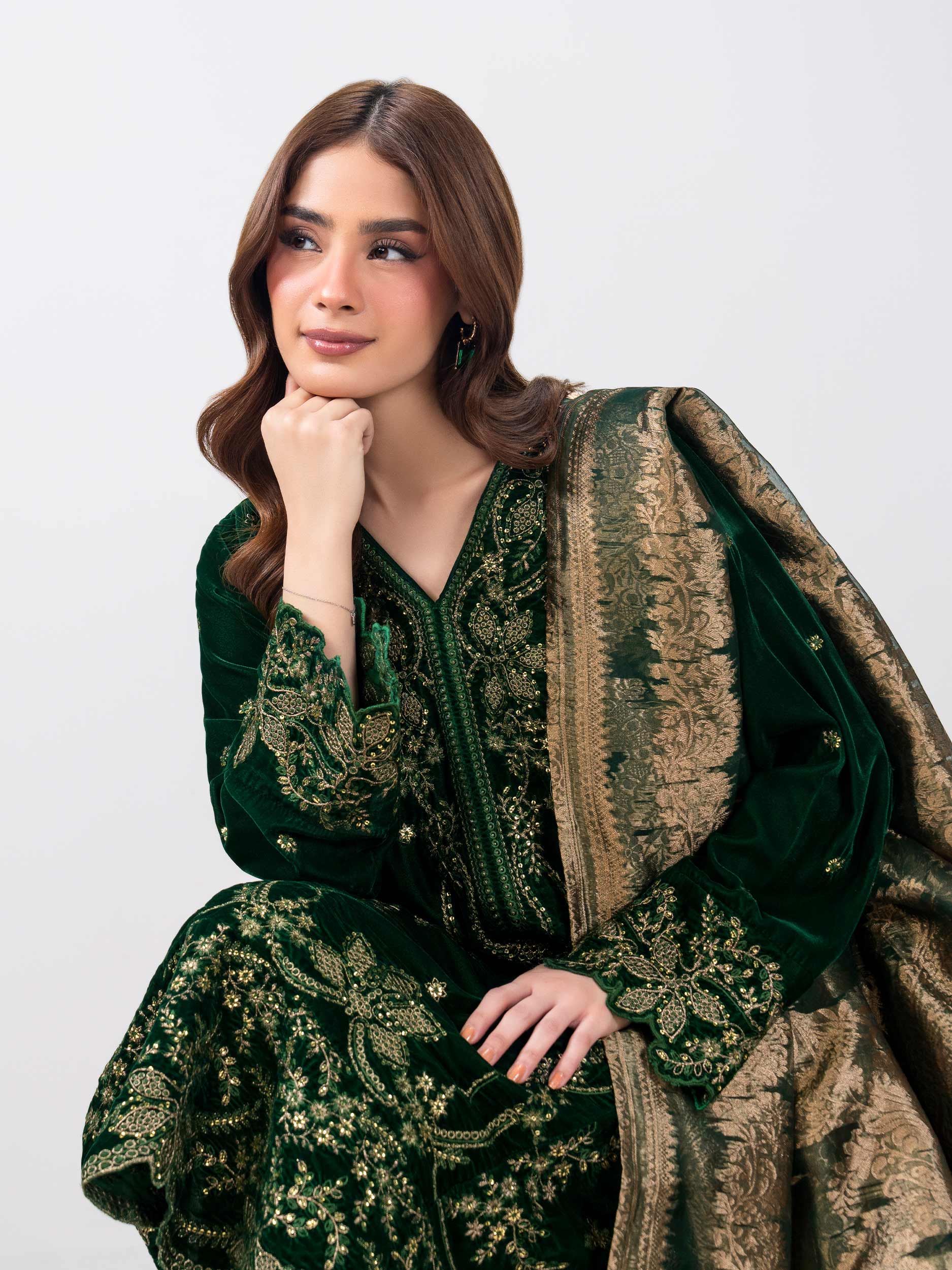 3 Piece Velvet Suit- Embroidered (Pret) - Image 6