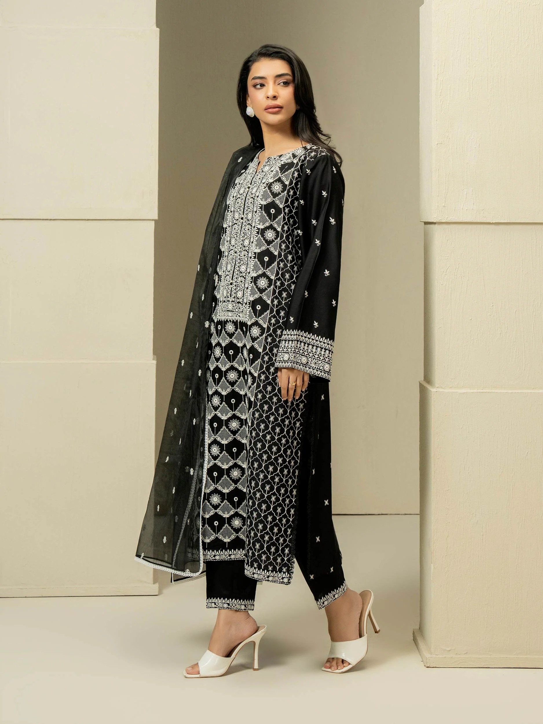 3 Piece Satin Suit-Embroidered (Pret) - Image 3