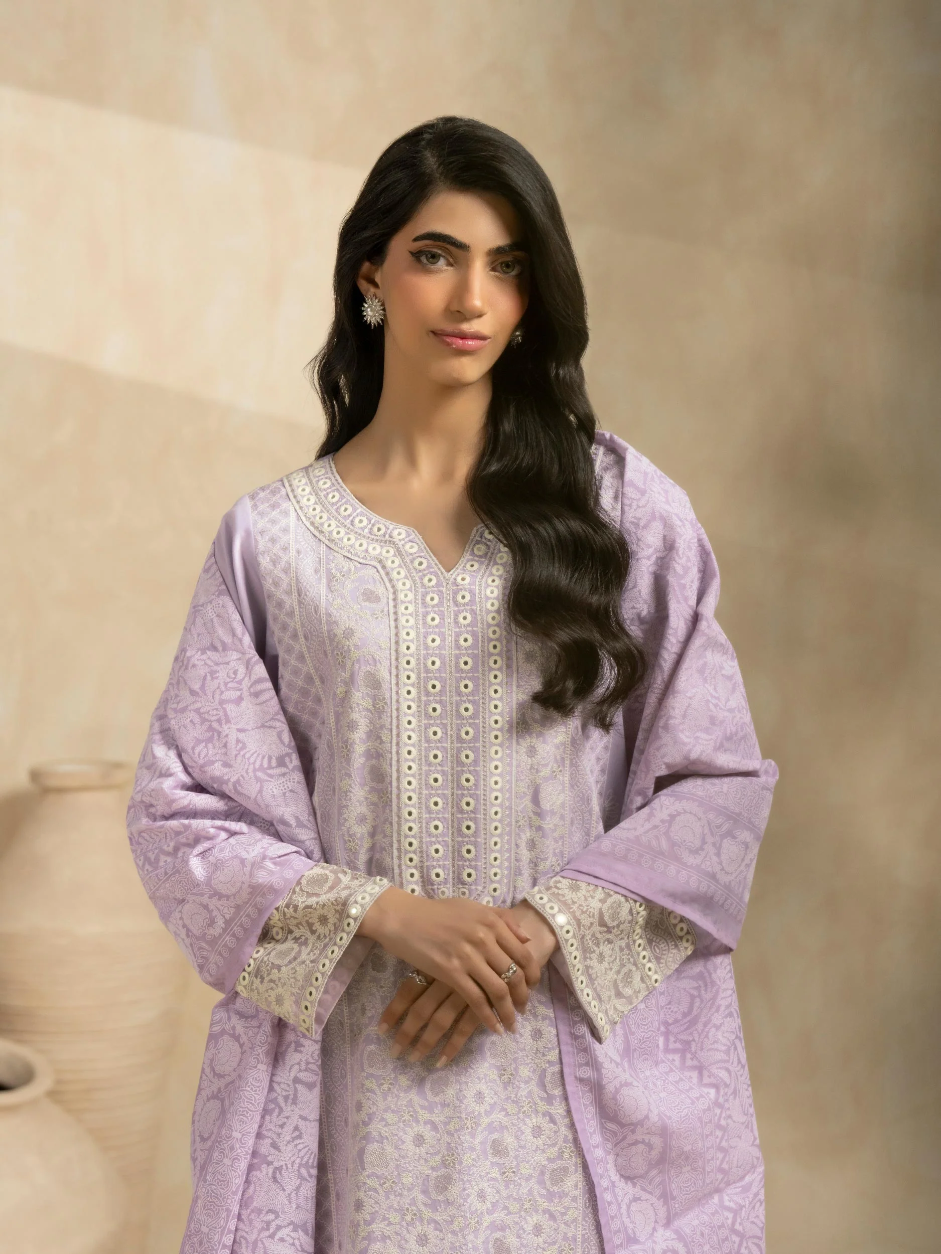 3 Piece Satin Suit-Embroidered (Pret) - Image 2