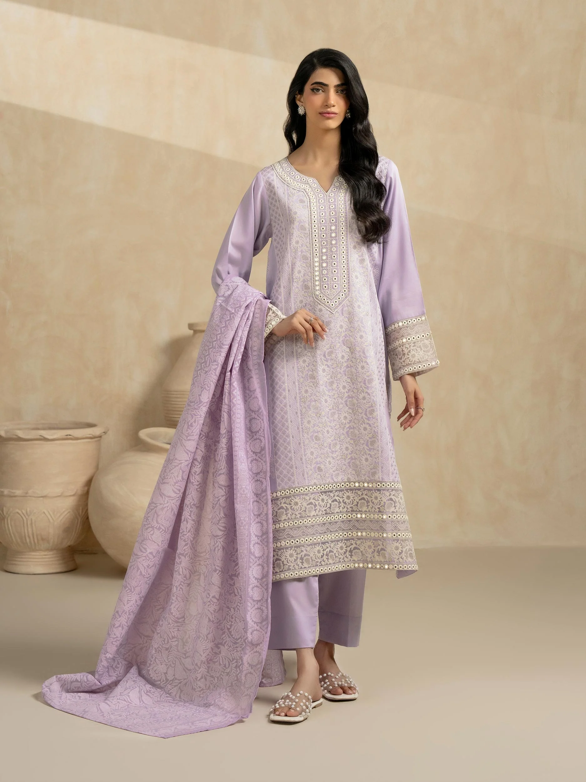 3 Piece Satin Suit-Embroidered (Pret) - Image 3