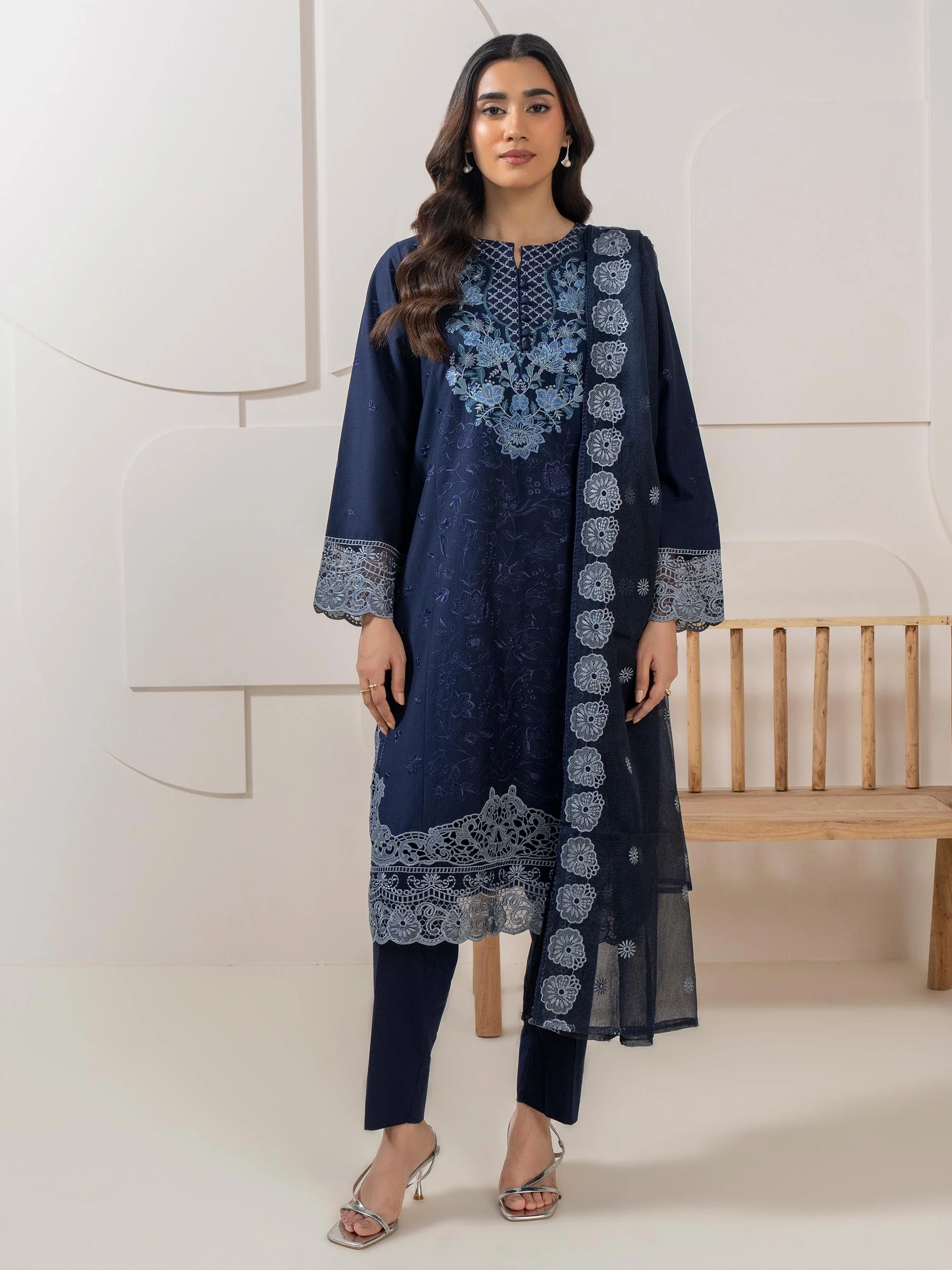 3 Piece Satin Suit-Embroidered (Pret) - Image 2
