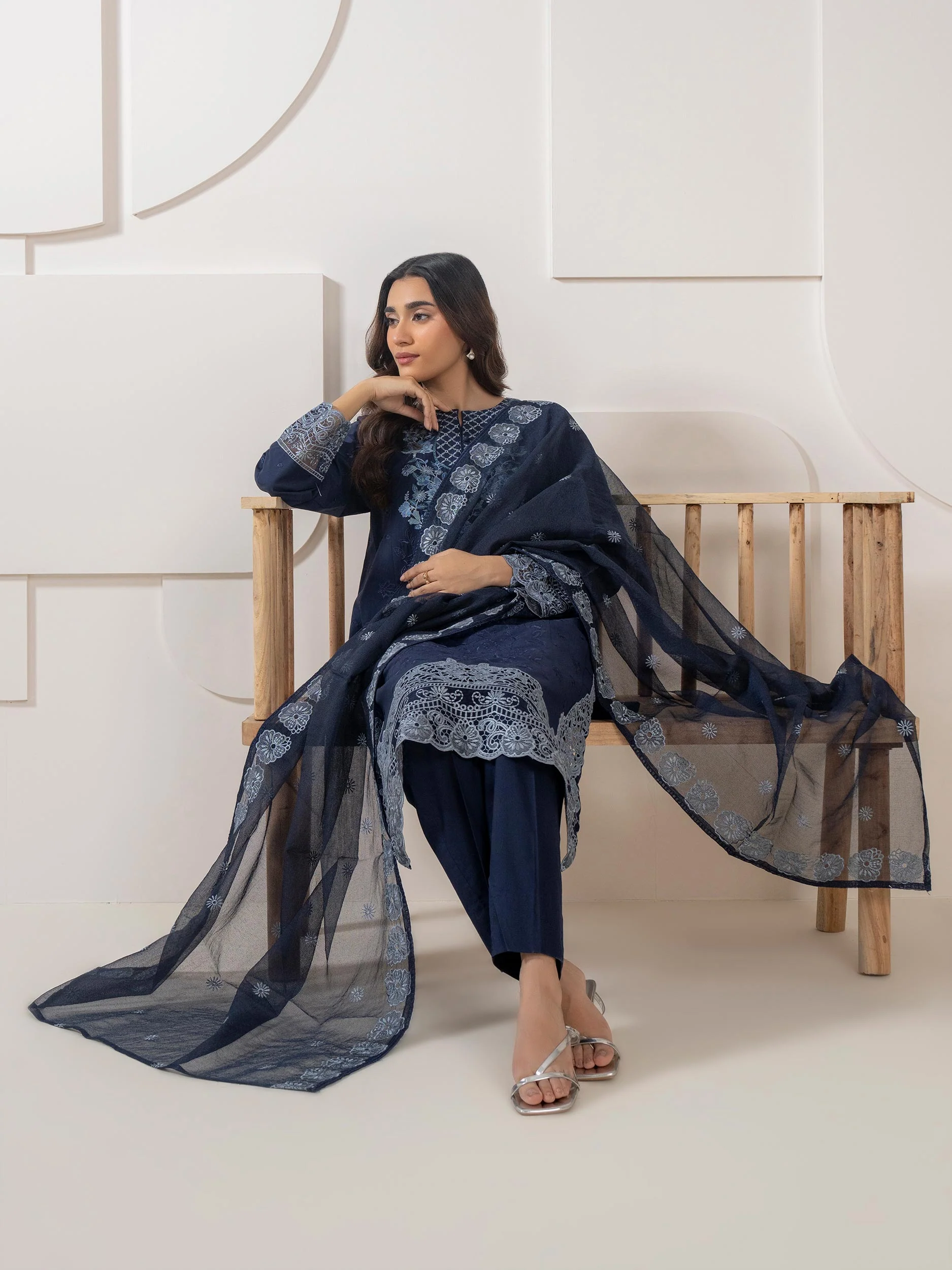3 Piece Satin Suit-Embroidered (Pret) - Image 3