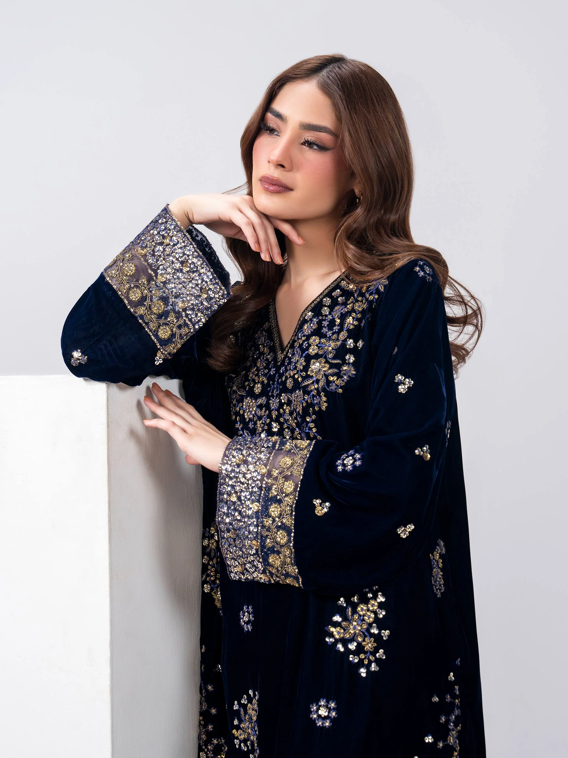 2 Piece Velvet Suit- Embroidered (Pret) - Image 5