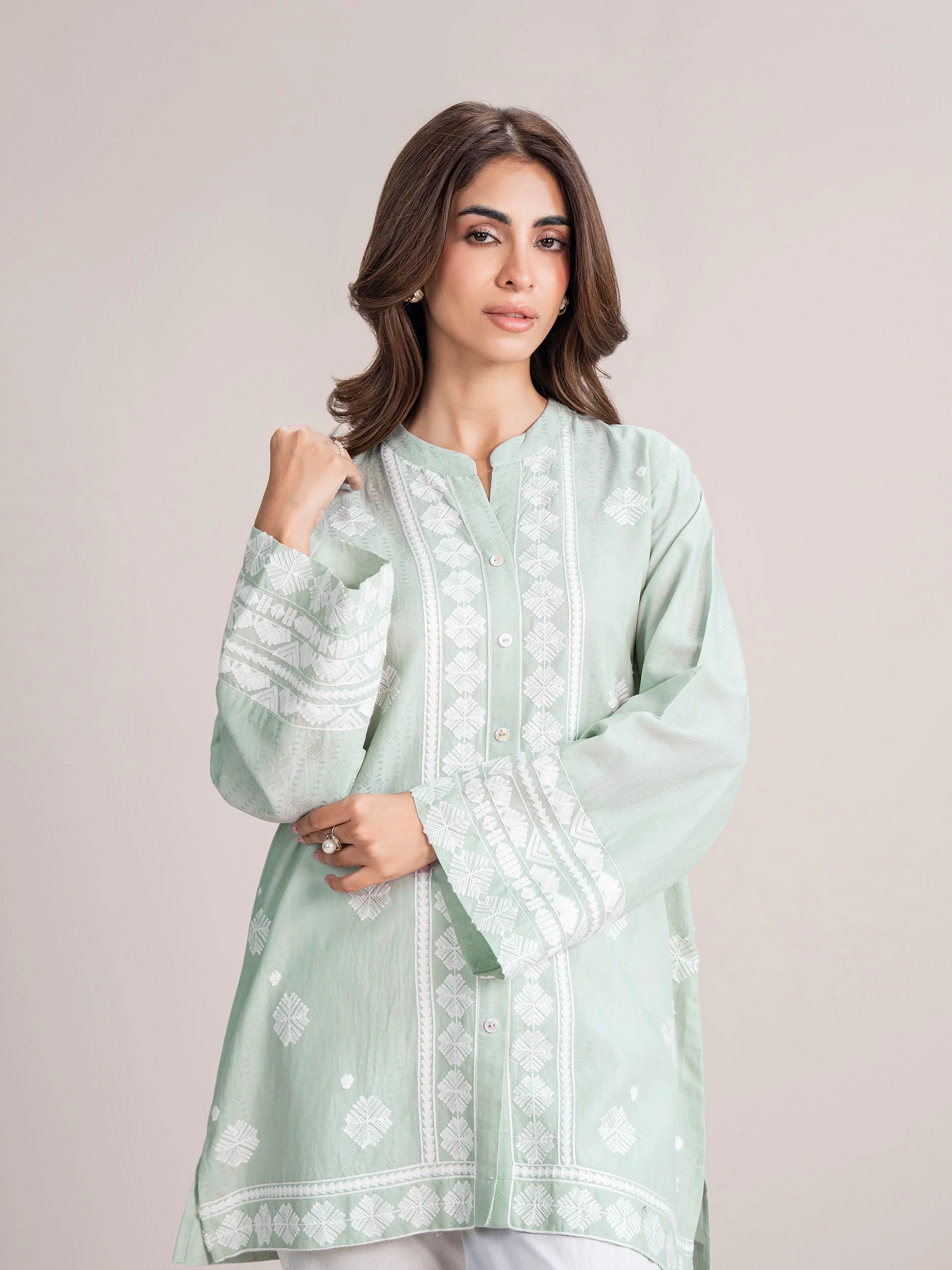 Self Jacquard Kurti- Embroidered (Pret) - Image 4