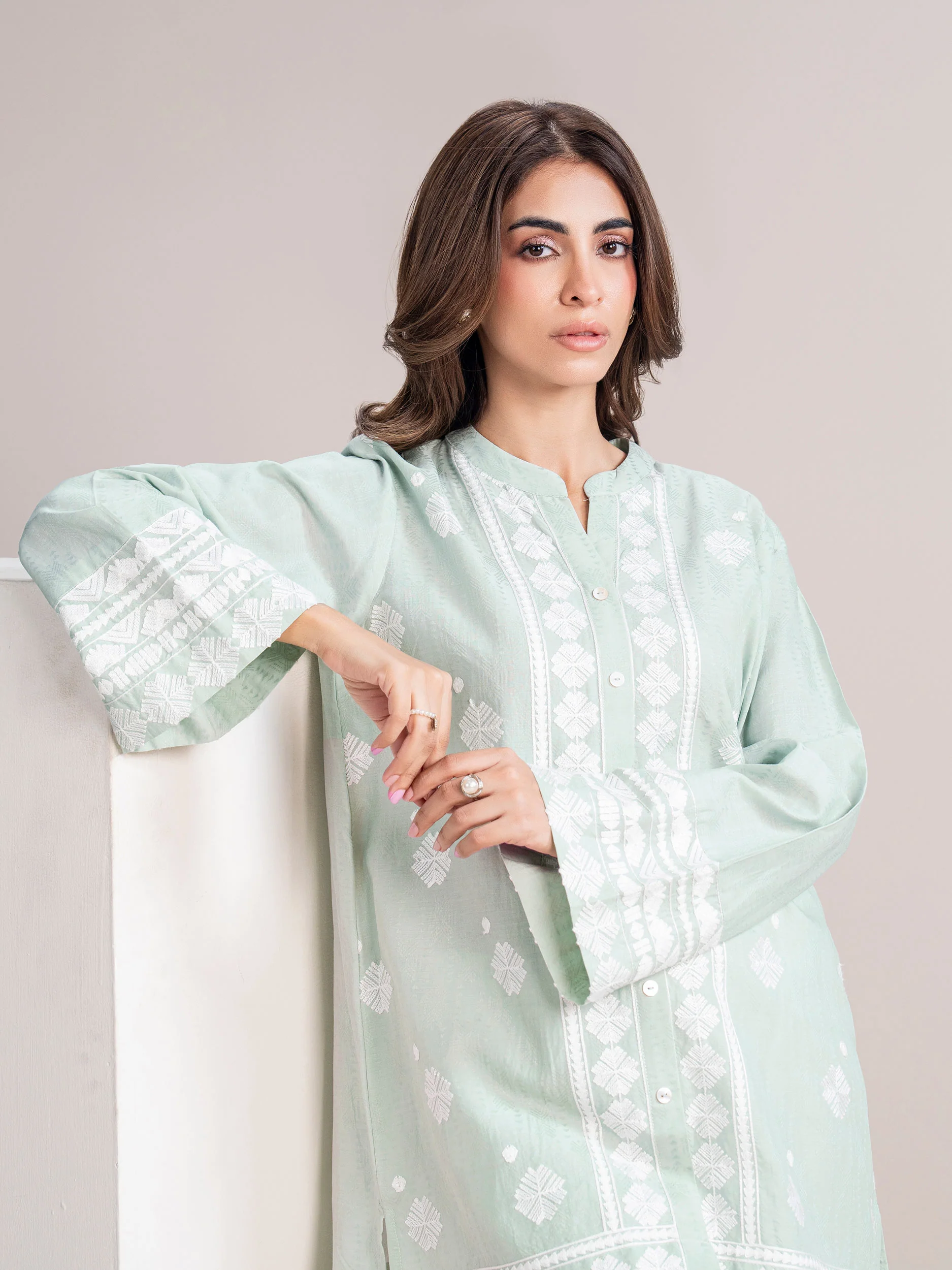 Self Jacquard Kurti- Embroidered (Pret) - Image 5