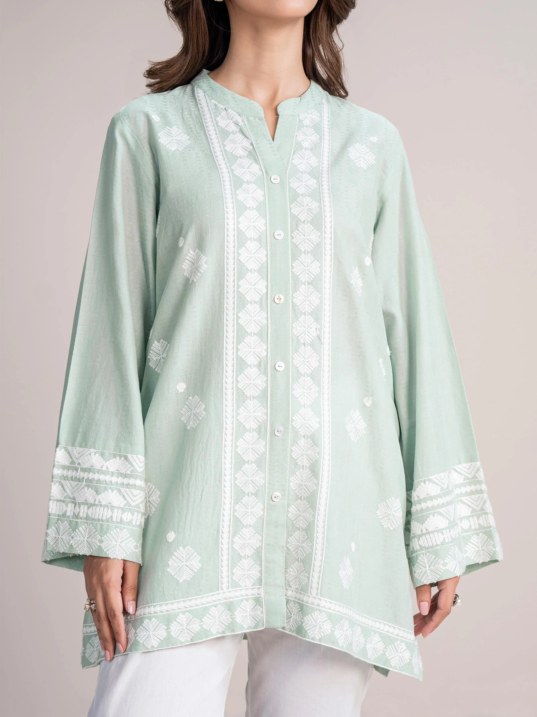 Self Jacquard Kurti- Embroidered (Pret) - Image 6