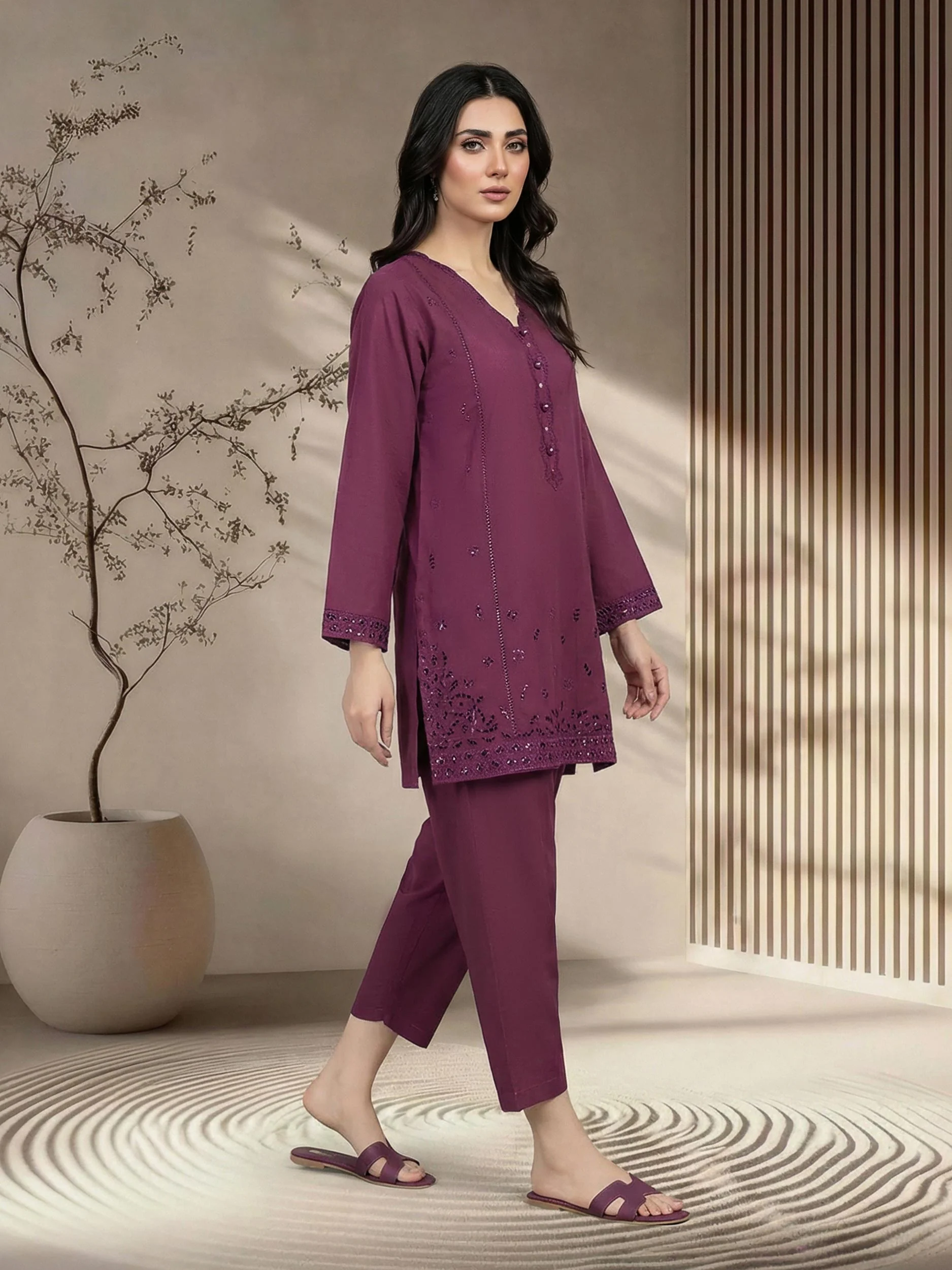 2 Piece Cambric Slub Suit- Embroidered (Pret) - Image 3