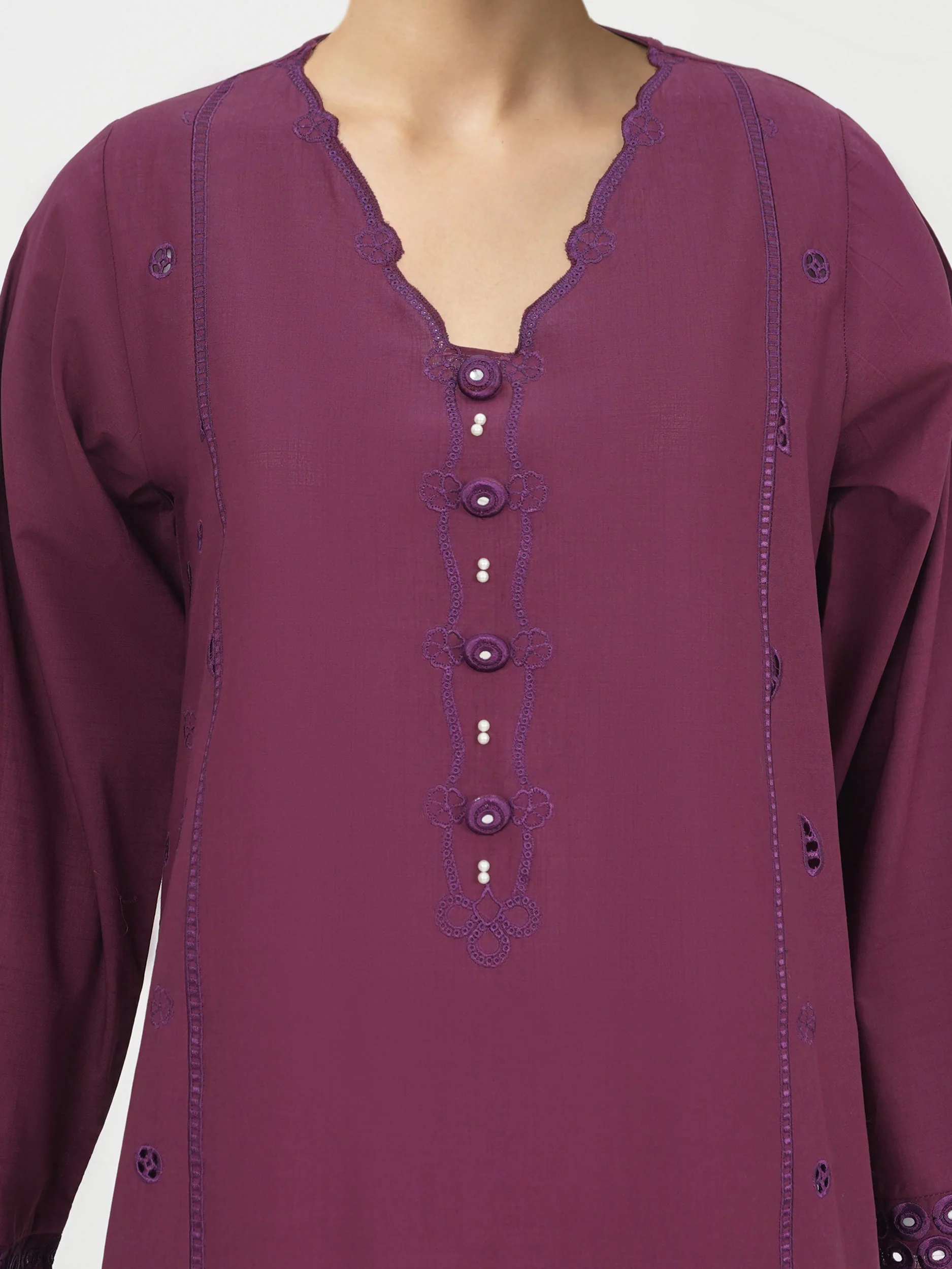 2 Piece Cambric Slub Suit- Embroidered (Pret) - Image 4
