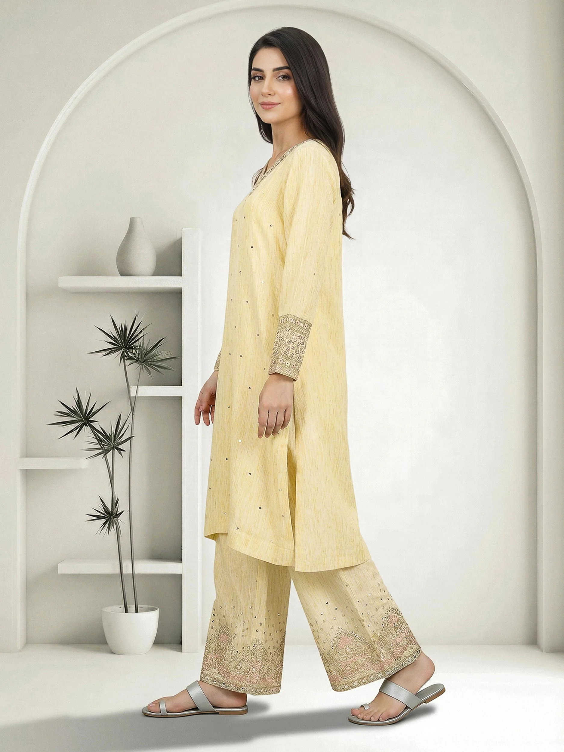 2 Piece Viscose Glitter Suit- Embroidered (Pret) - Image 3