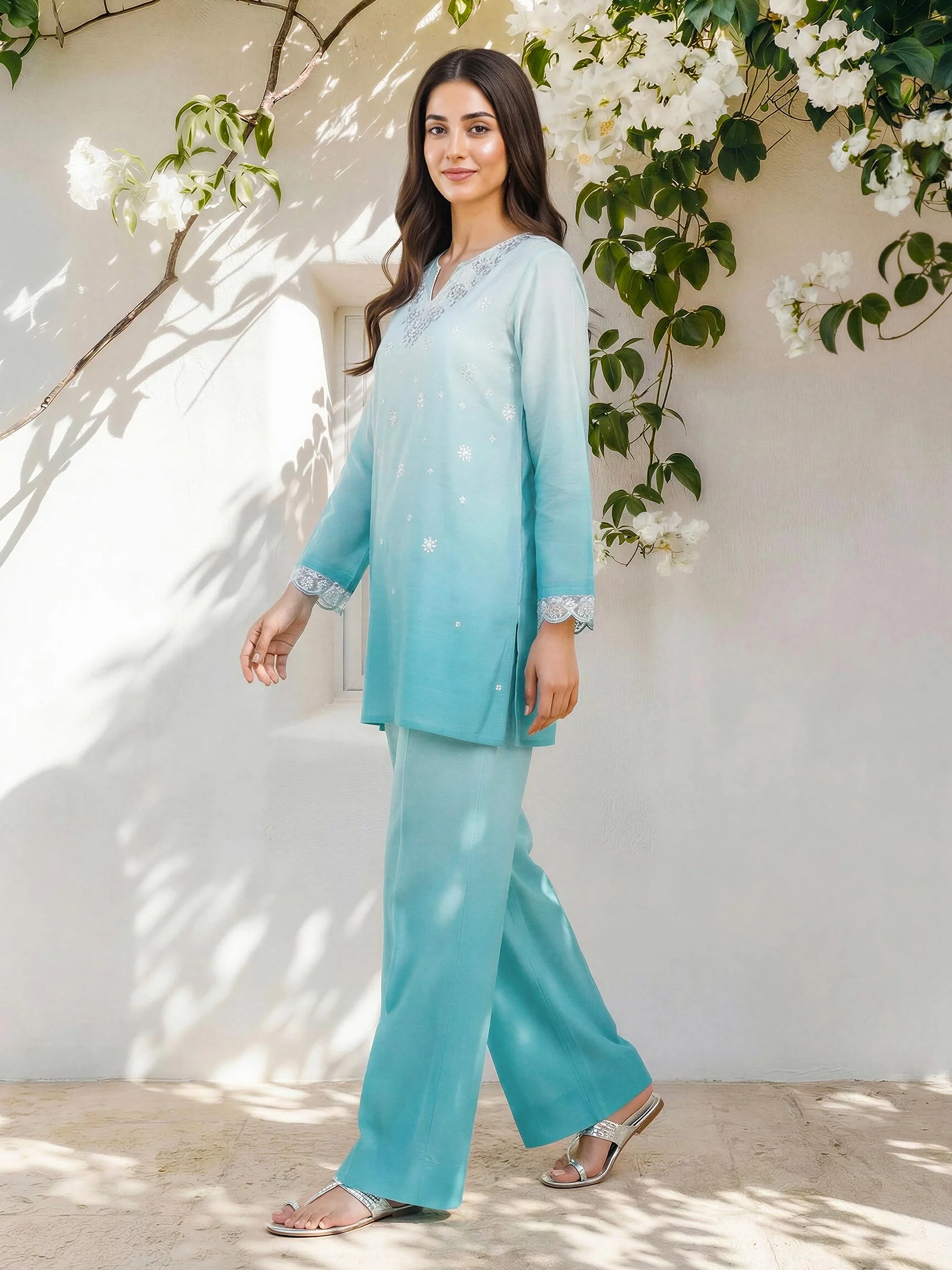 2 Piece Cambric Slub Suit- Embroidered (Pret) - Image 2