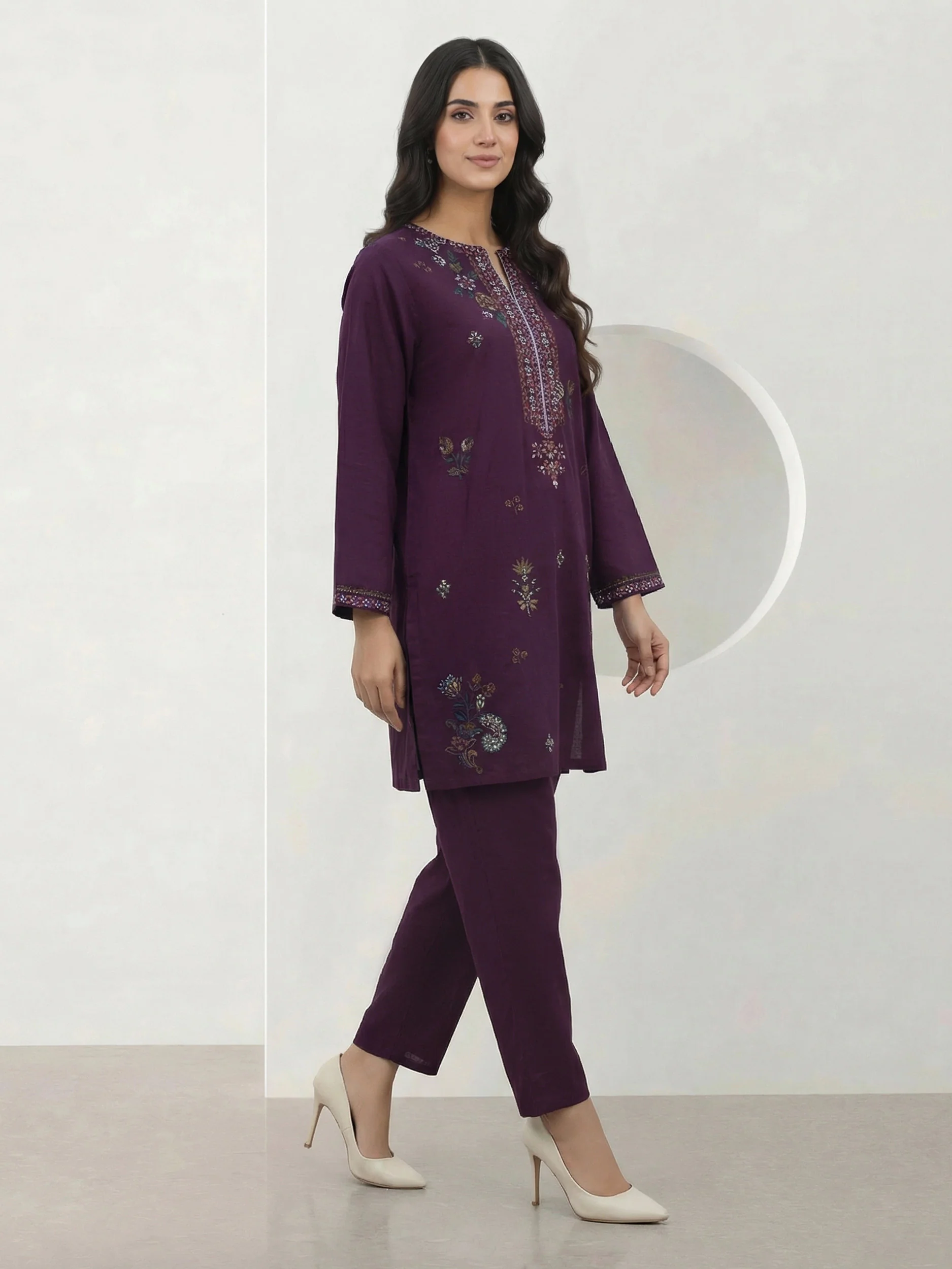2 Piece Cambric Slub Suit- Embroidered (Pret) - Image 2