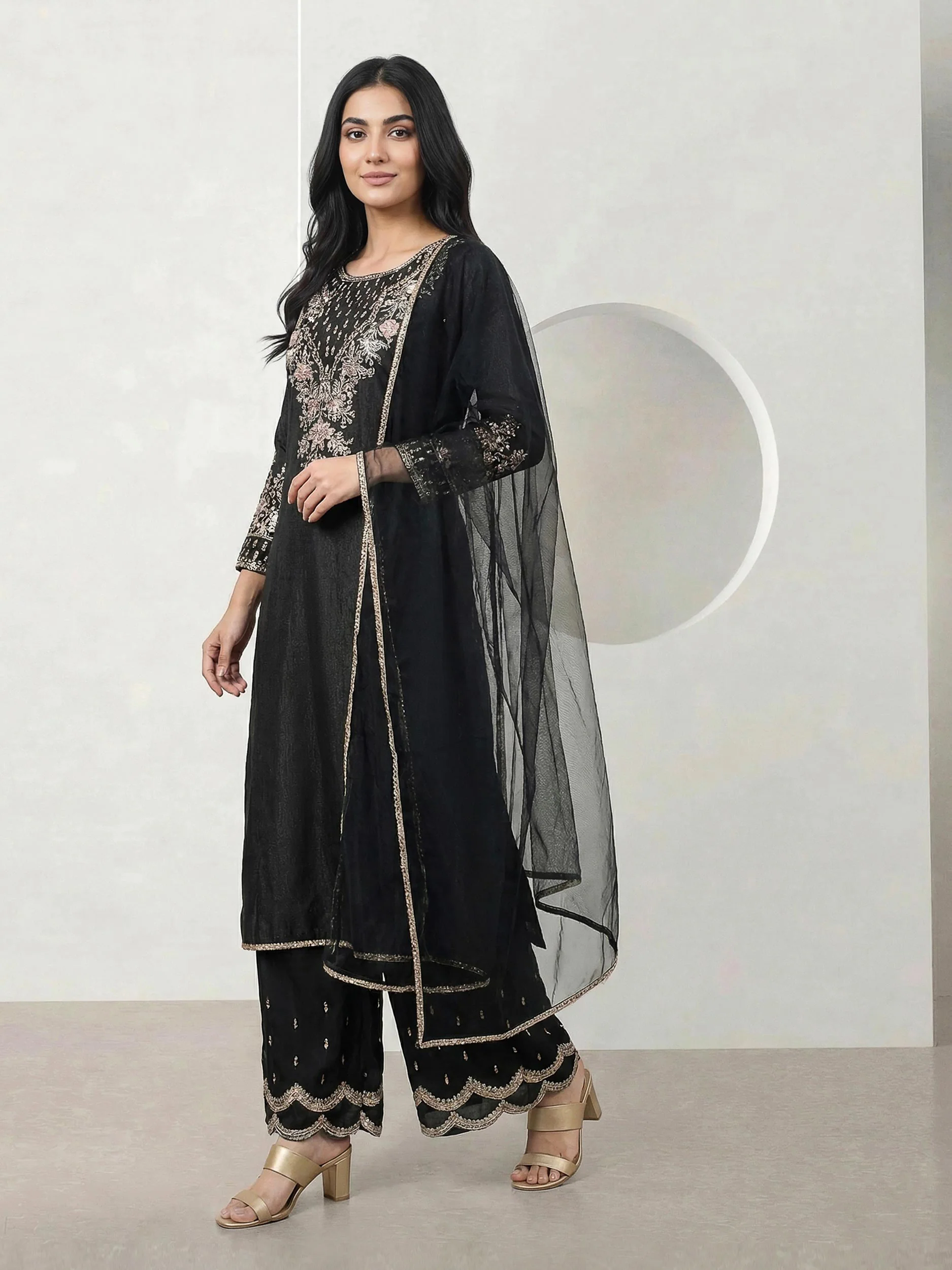3 Piece Viscose Glitter Suit- Embroidered (Pret) - Image 2